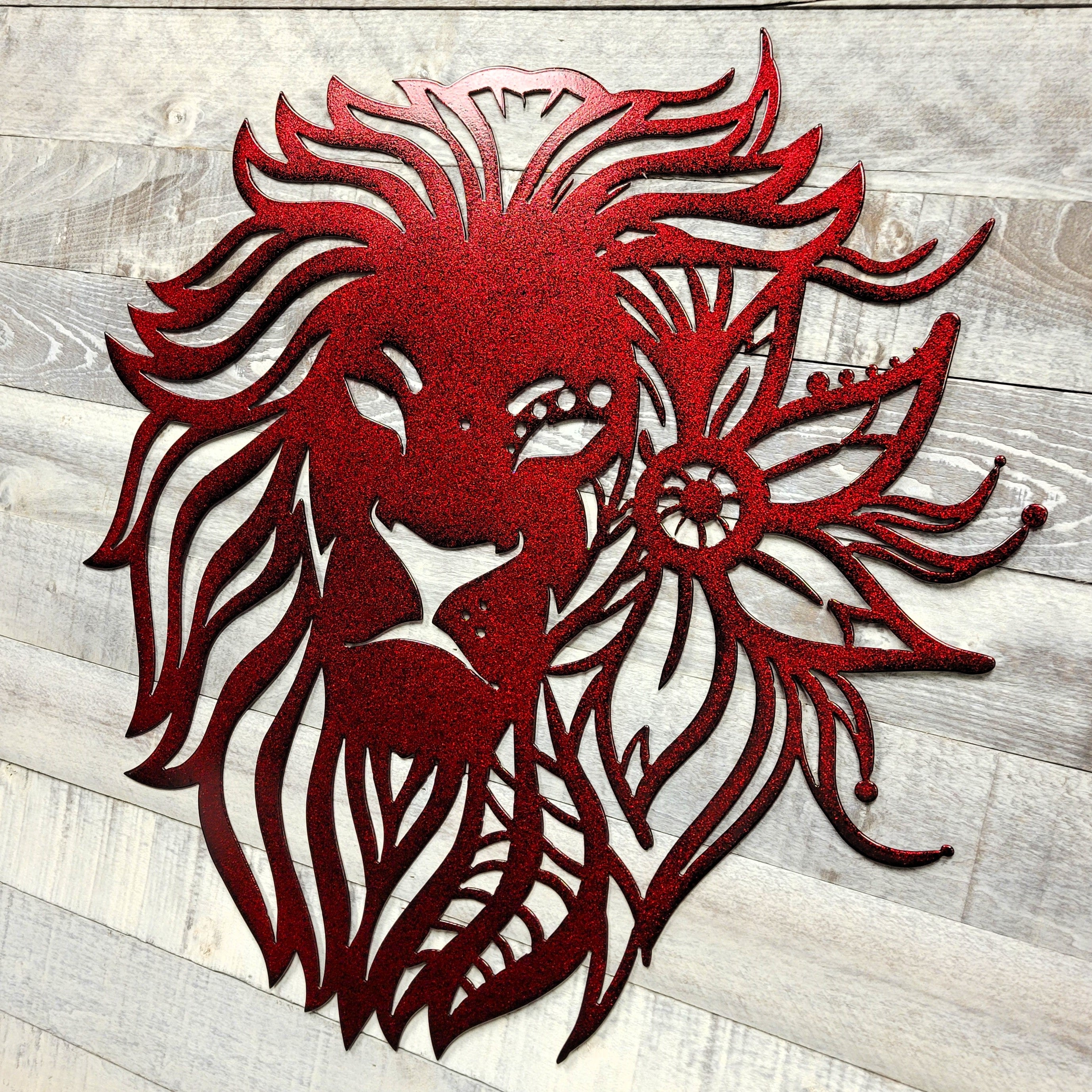 decorative red lion wall art with mandala flourishes on a wooden background