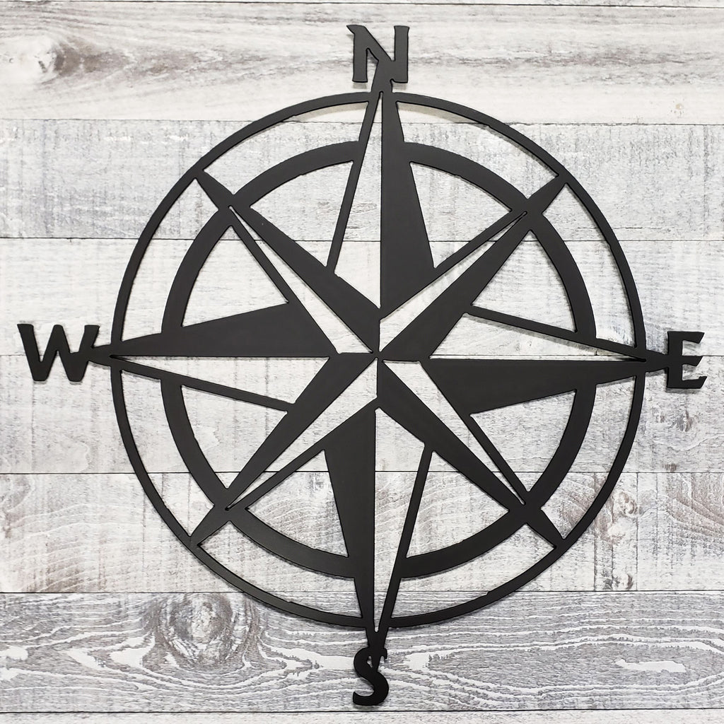 Black compass rose on a wooden background