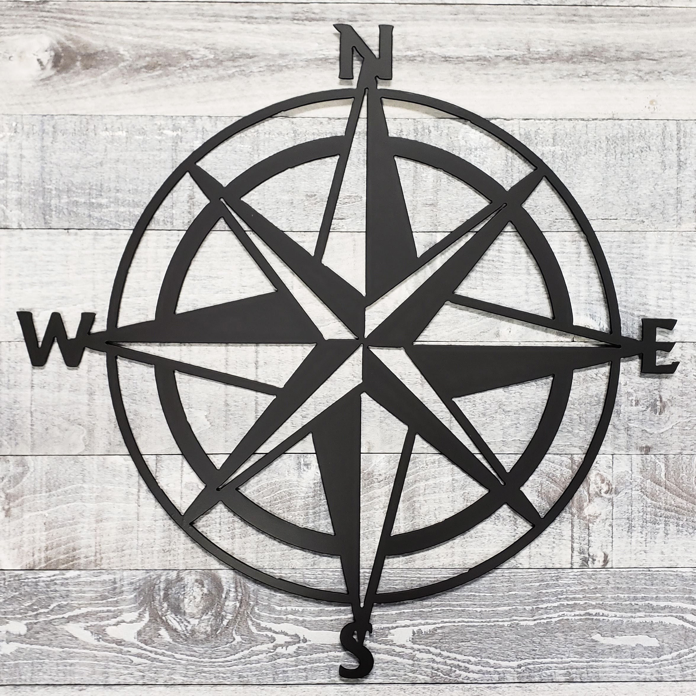 Black compass rose on a wooden background