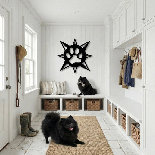 Mud room with dogs, baskets, and a compass paw print wall art
