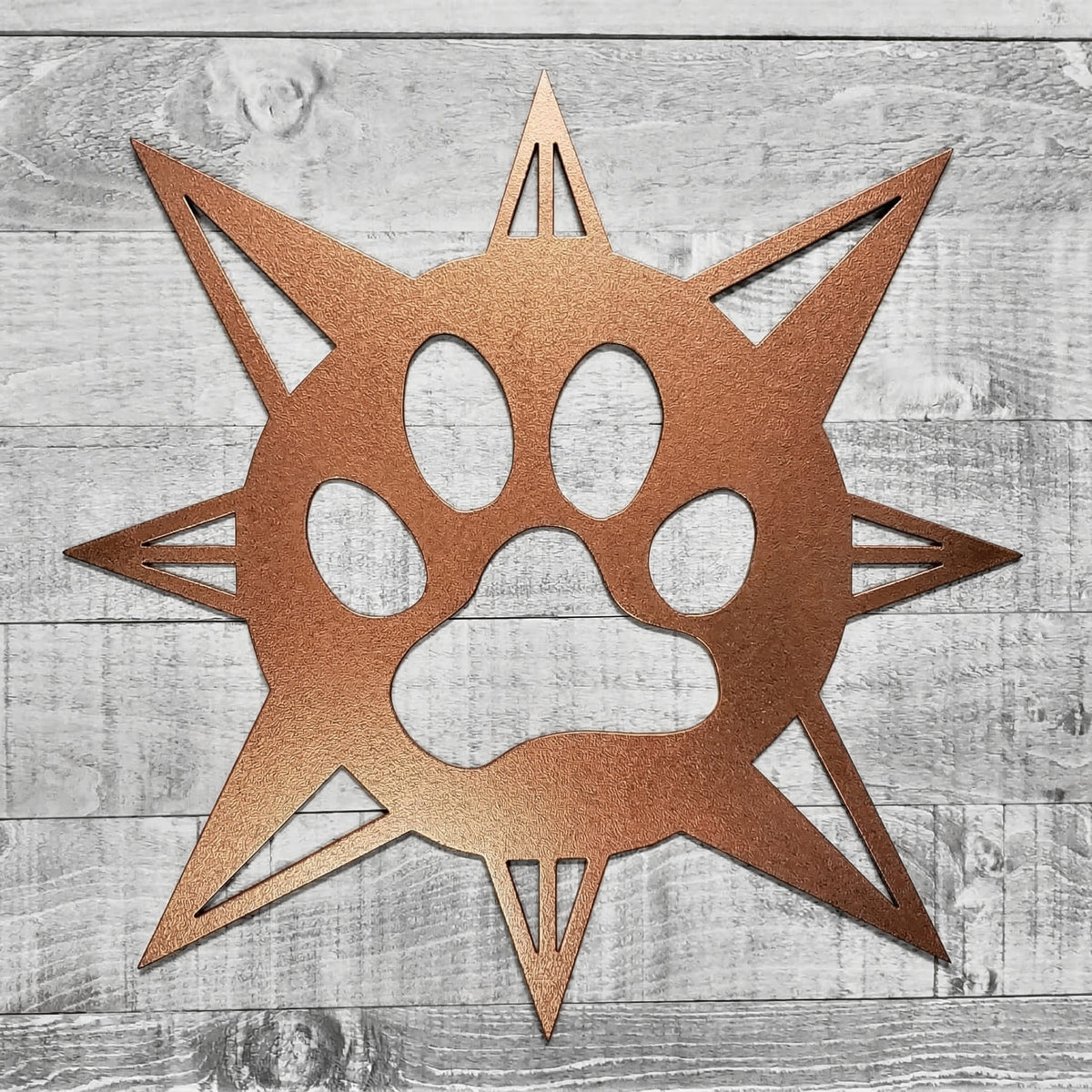 copper-colored compass rose with dog paw in center on a wooden background