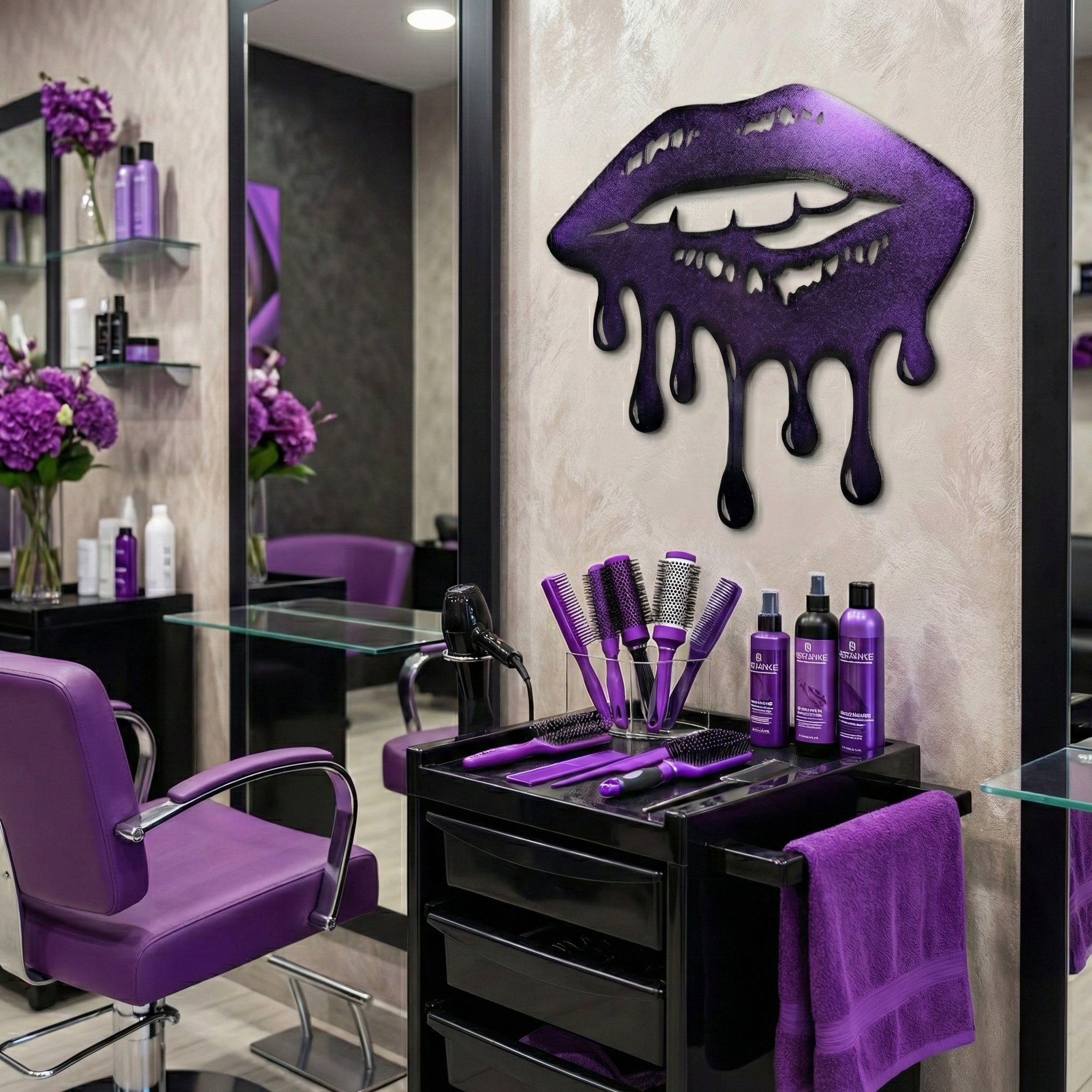 Salon interior with purple decor, including chairs and products, with a decorative wall piece.