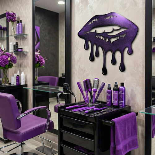 Salon interior with purple decor, including chairs and products, with a decorative wall piece.