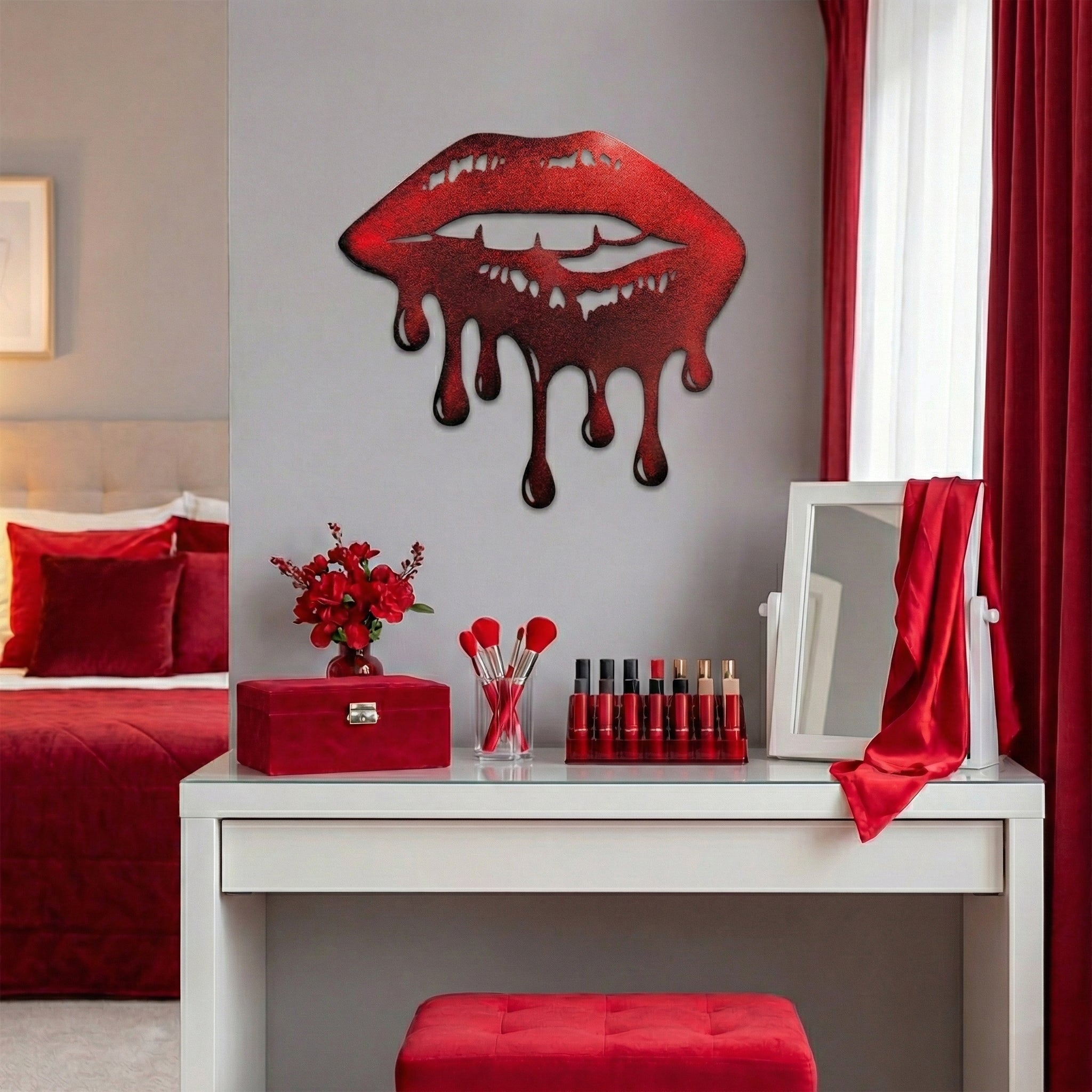 Decorative wall art of red lips with a makeup vanity and red accents in a room.