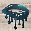 Metallic blue lips with dripping effect on a wooden background