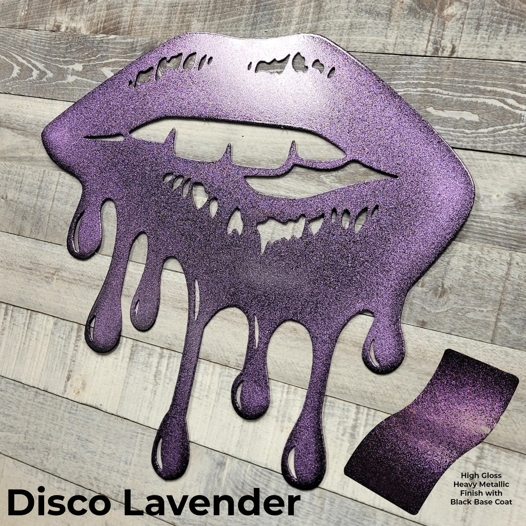 Metallic purple lips with a dripping effect on a wooden surface, labeled 'Disco Lavender'.