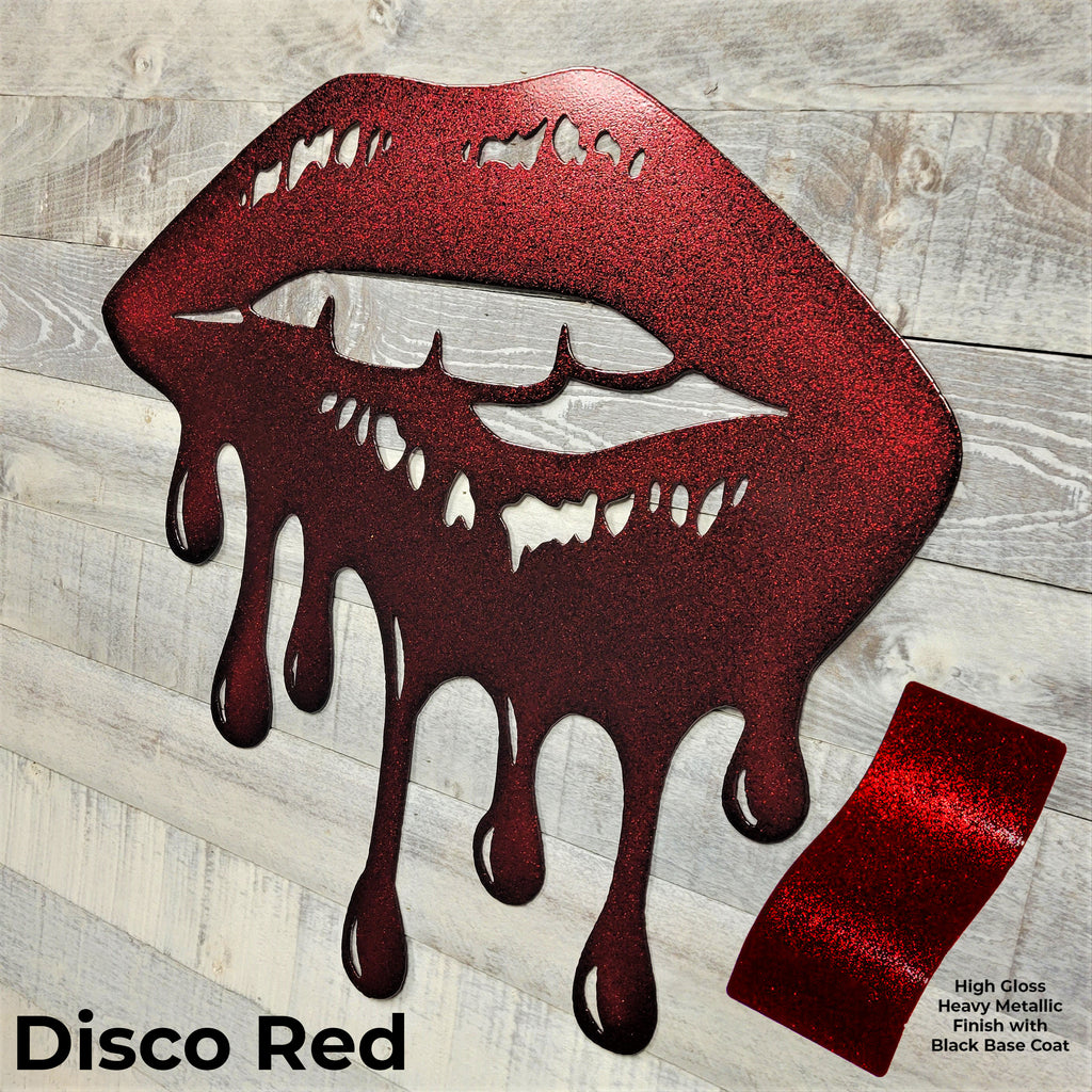 Metallic red lips with dripping effect on a wooden surface, labeled 'Disco Red'.