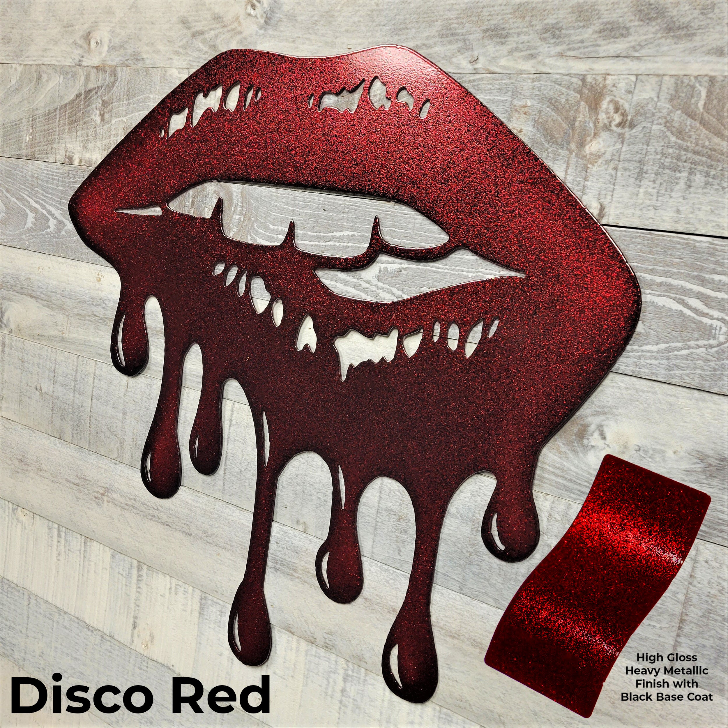 Metallic red lips with dripping effect on a wooden surface, labeled 'Disco Red'.