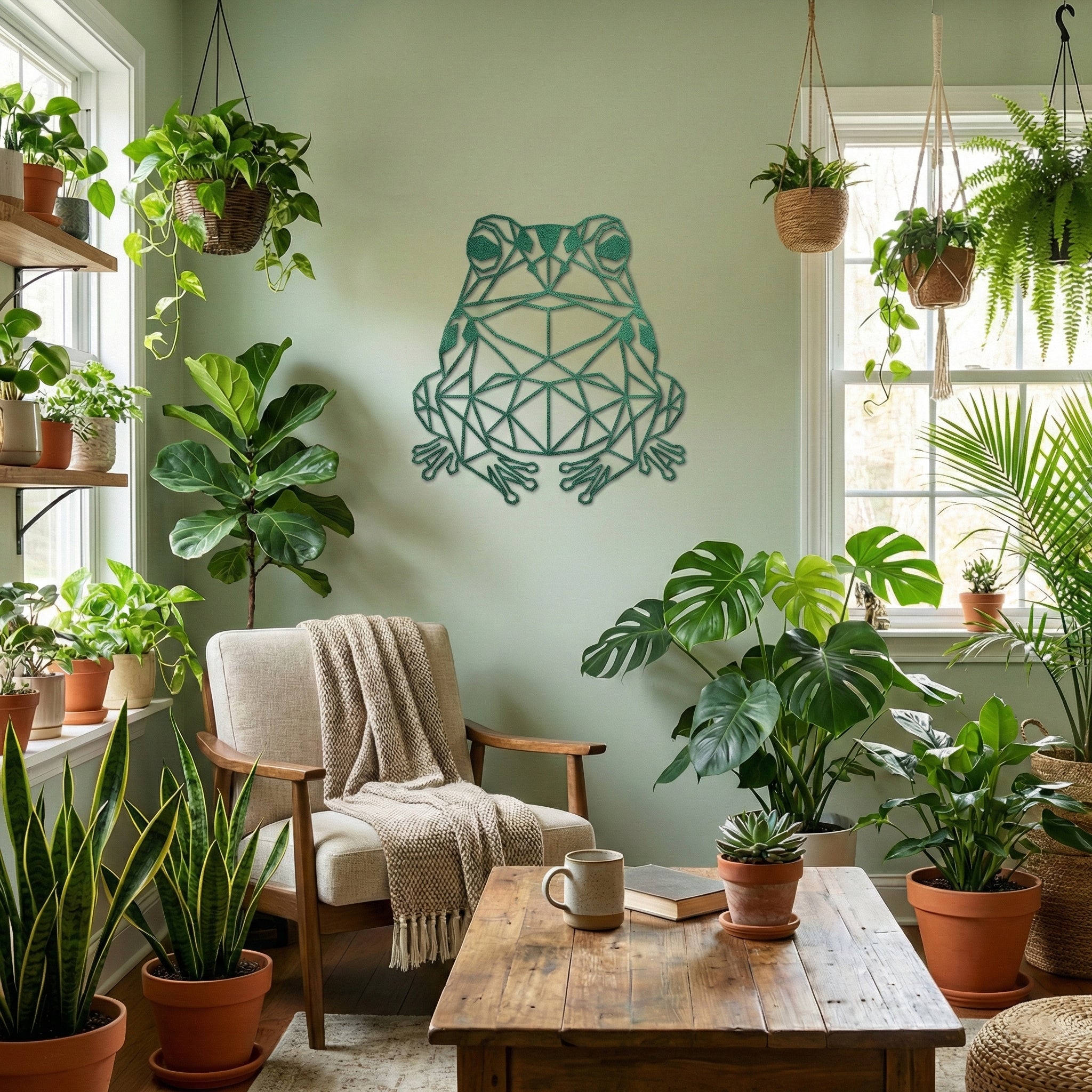 Living room with various plants and a geometric frog wall art