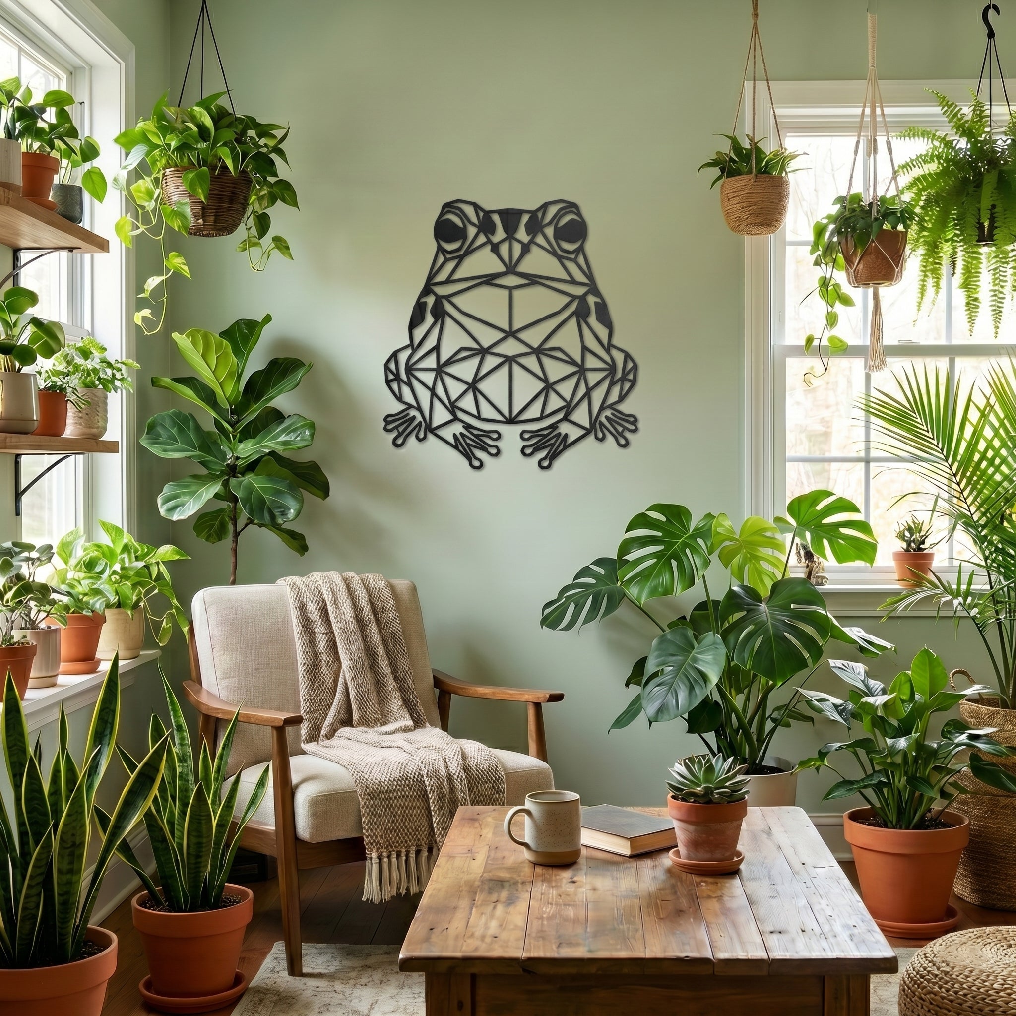 Living room with plants, a wooden table, and a geometric frog wall art.