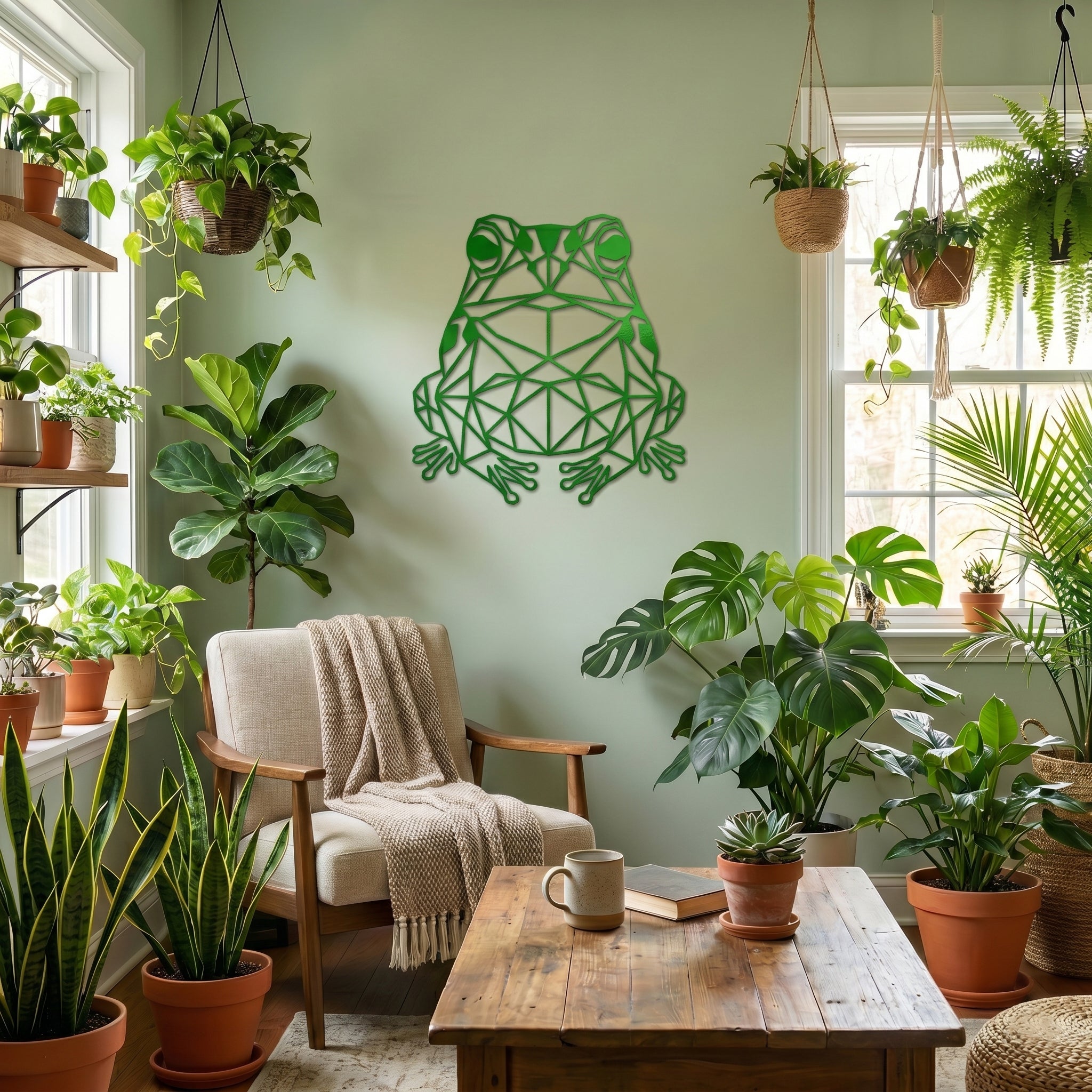 Living room with various potted plants and a geometric frog wall art.