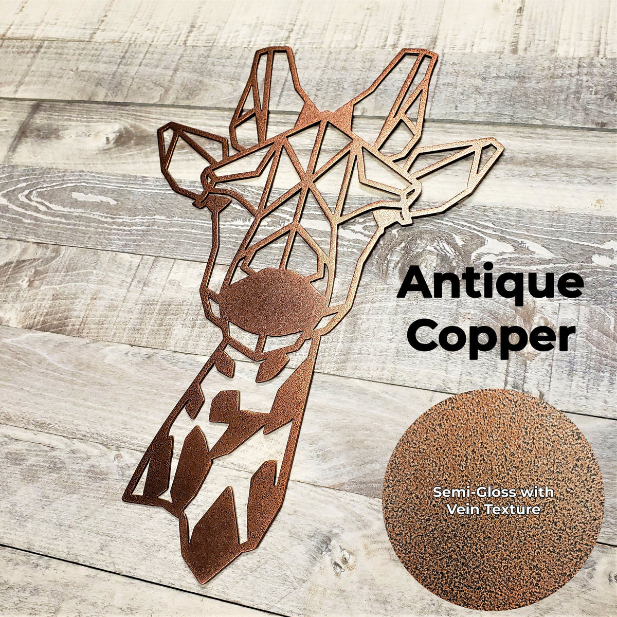 Geometric giraffe metal wall art in antique copper on a wooden surface with color swatch.