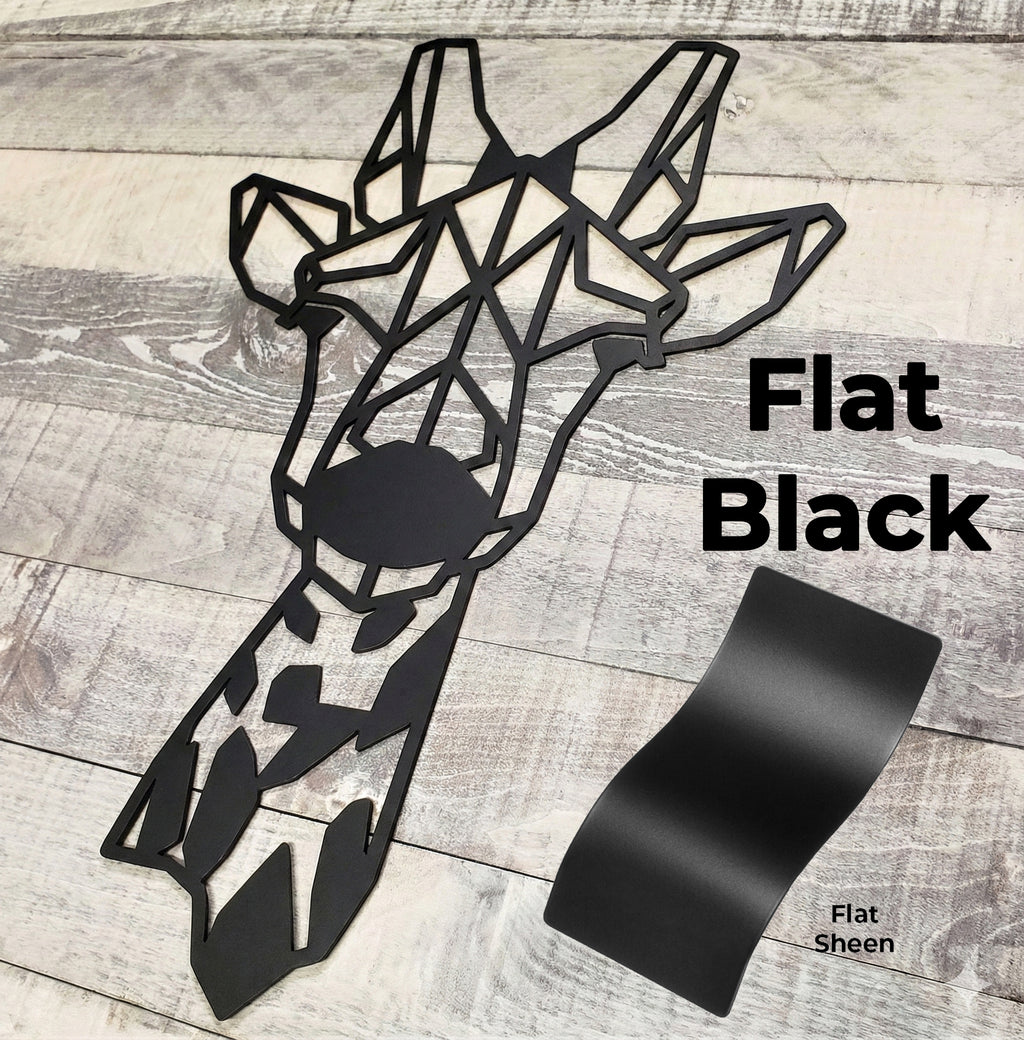 Black geometric giraffe wall art on a wooden surface with 'Flat Black' text.