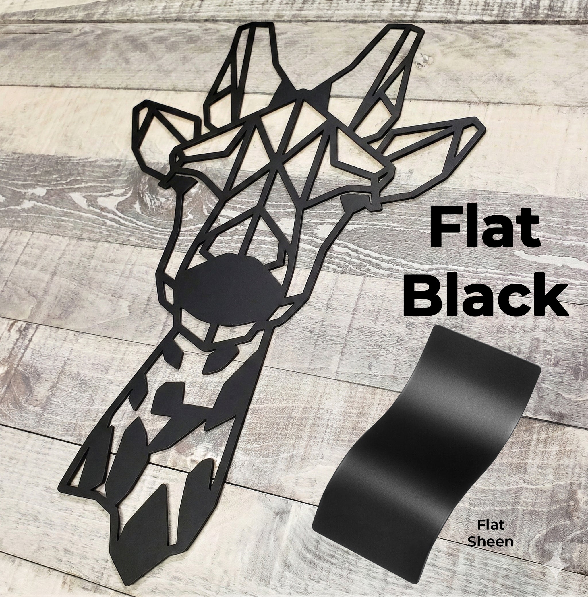 Black geometric giraffe wall art on a wooden surface with 'Flat Black' text.