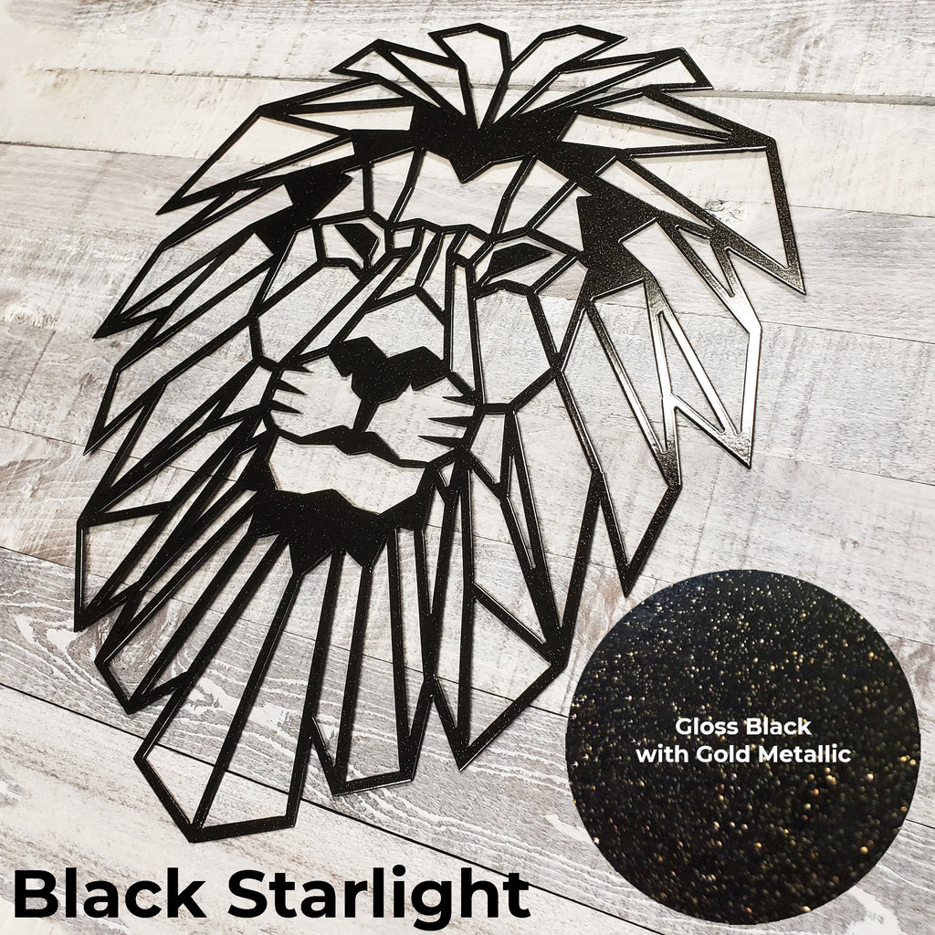Geometric lion head design with 'Black Starlight' text on a wooden surface