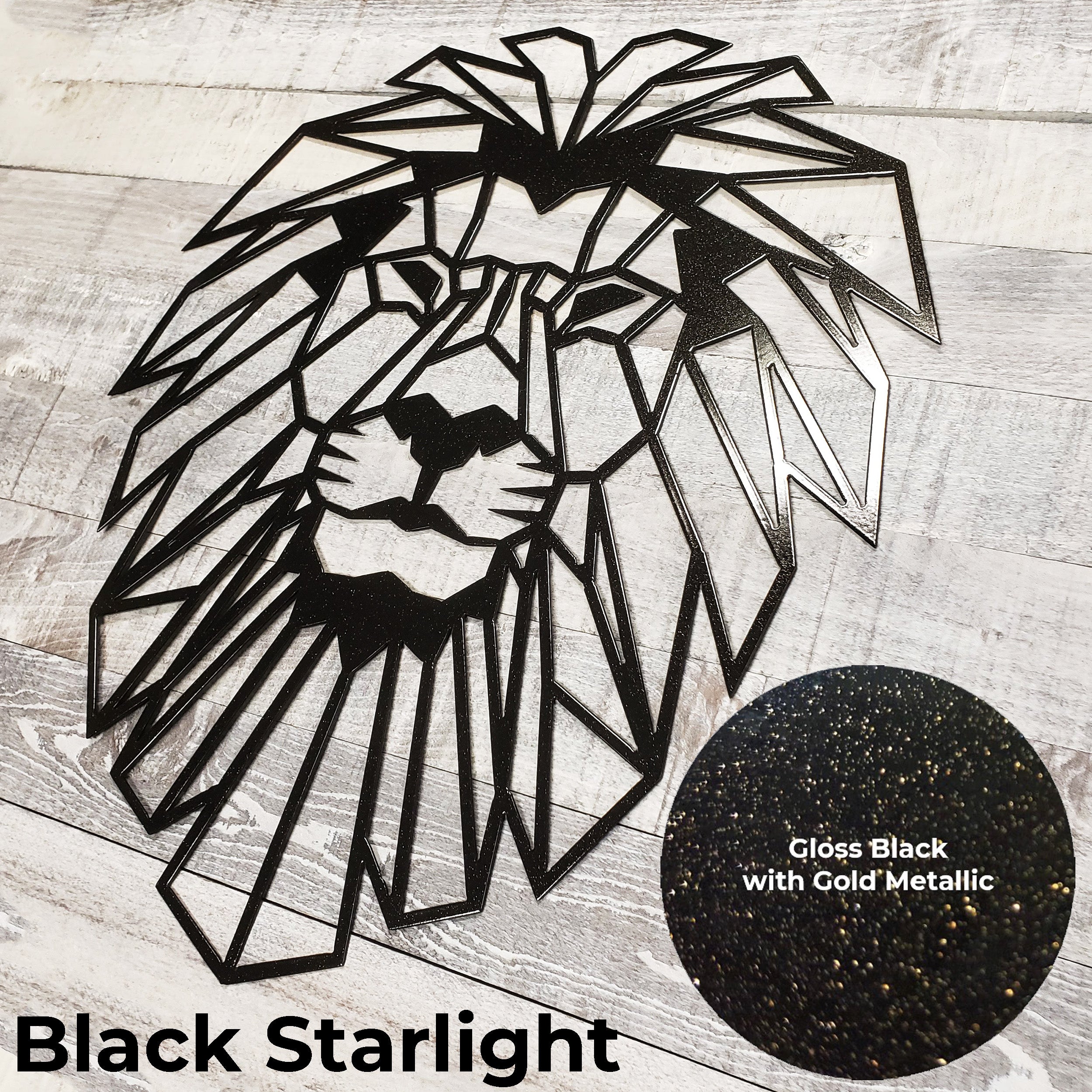 Geometric lion head design with 'Black Starlight' text on a wooden surface