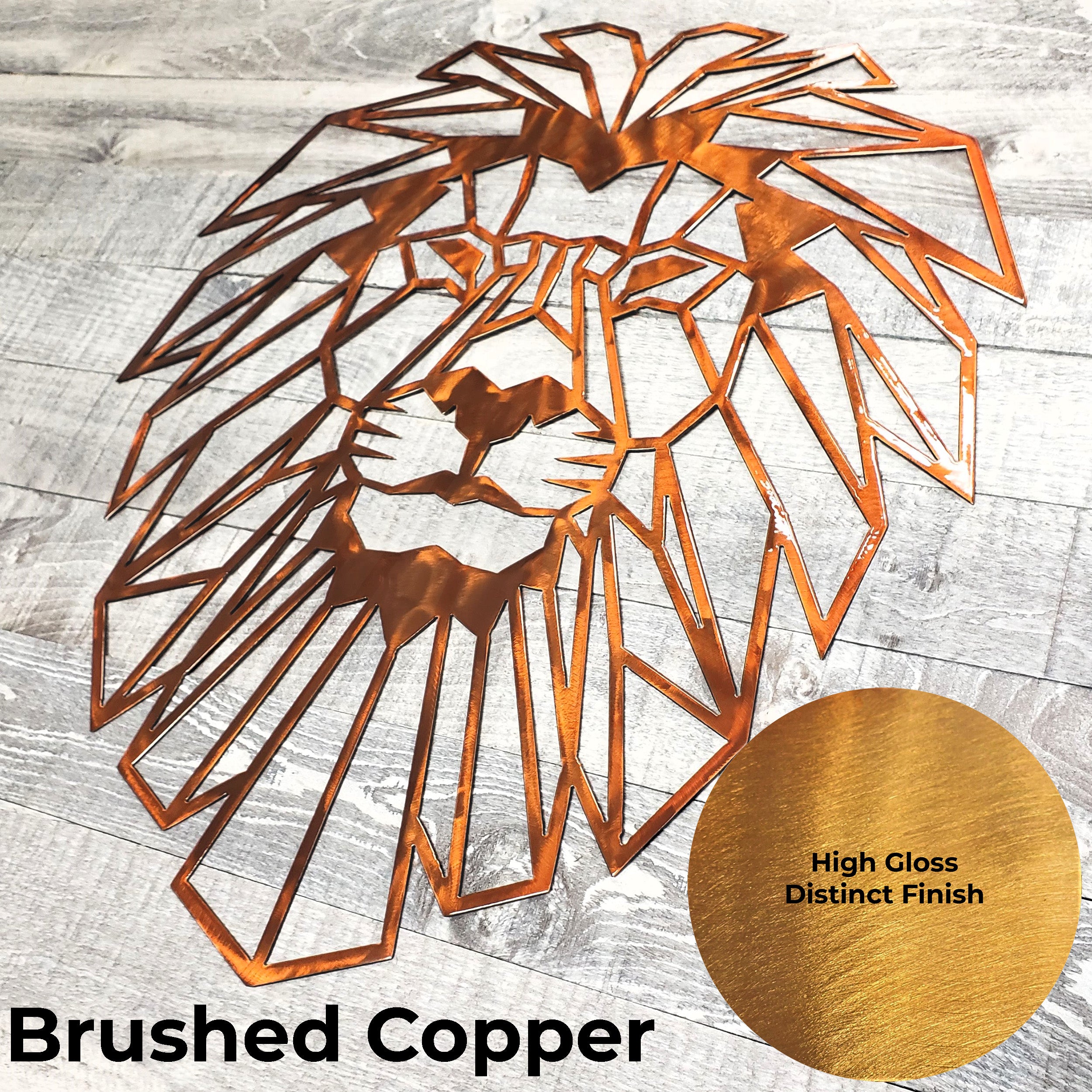 Metal lion wall art with a high gloss distinct finish on a textured surface