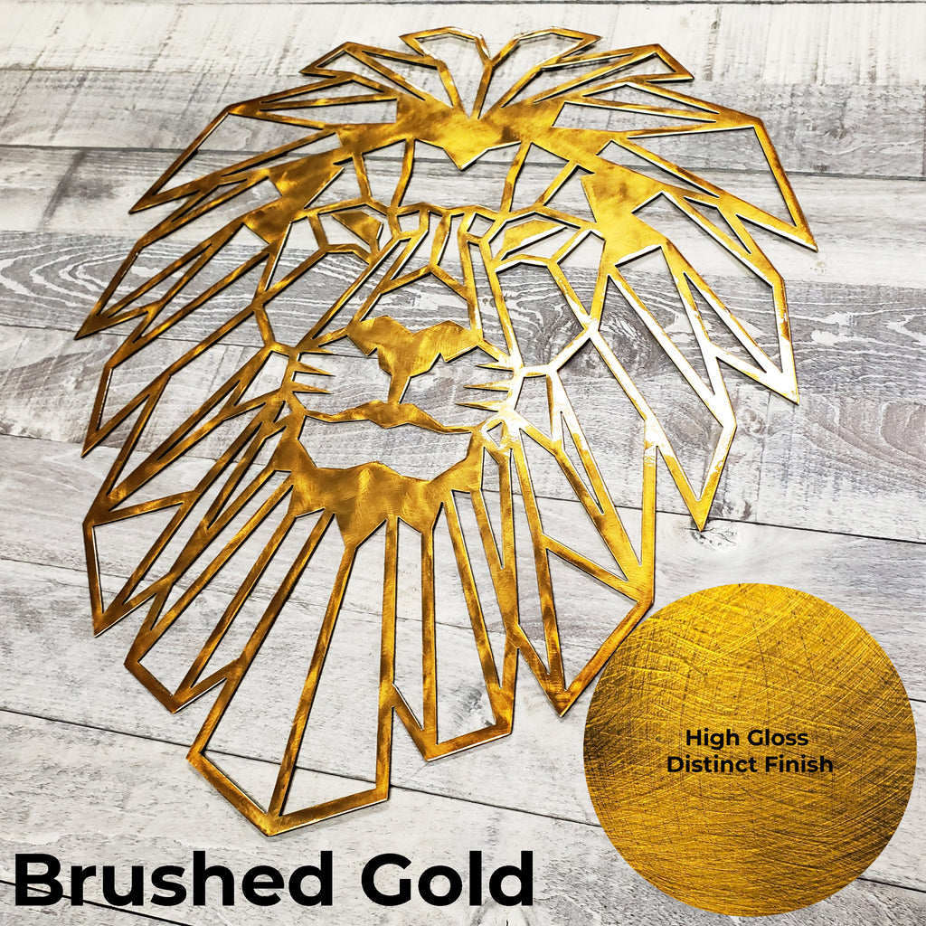 Gold lion head wall art on a wooden surface with a color swatch labeled 'High Gloss Distinct Finish'.