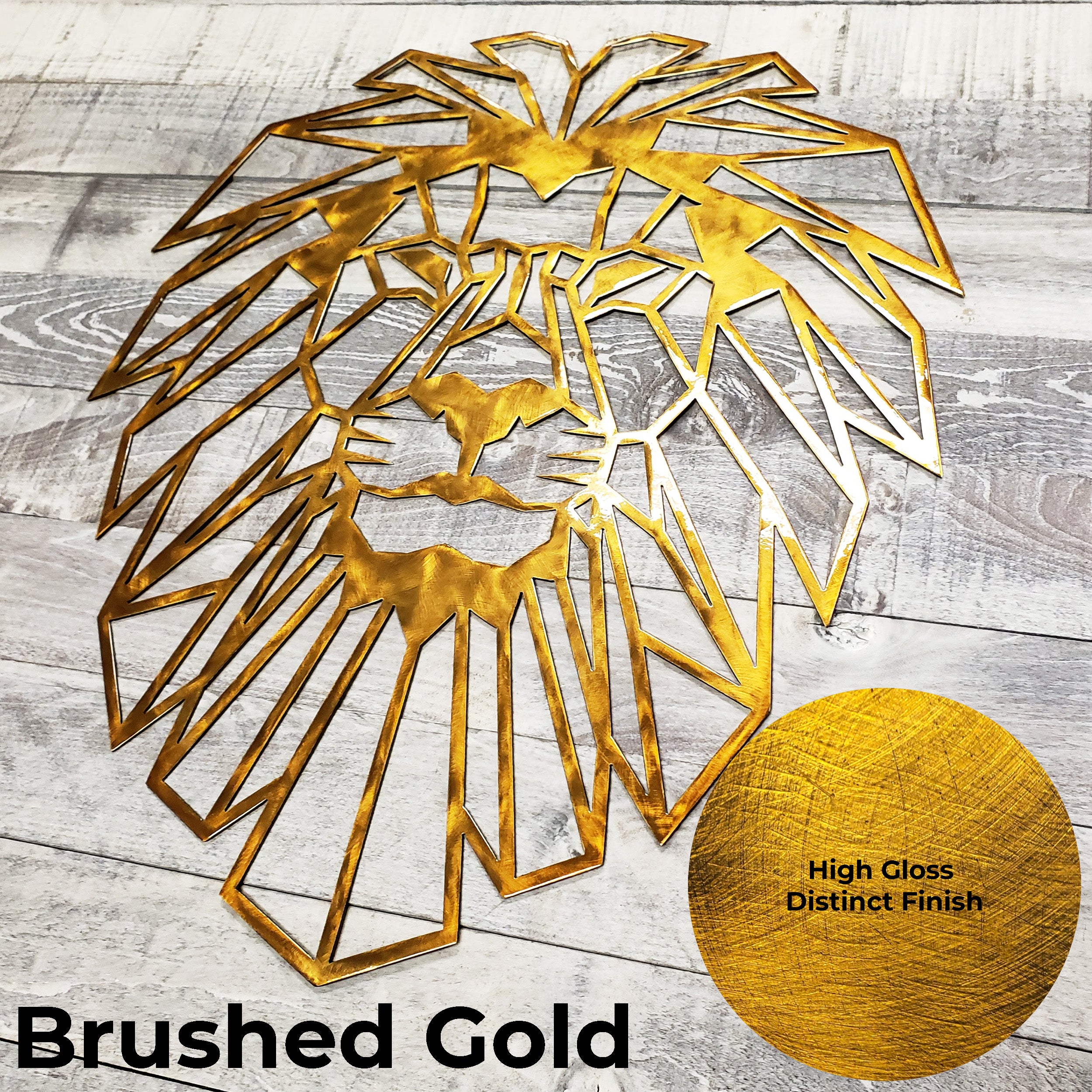 Gold lion head wall art on a wooden surface with a color swatch labeled 'High Gloss Distinct Finish'.
