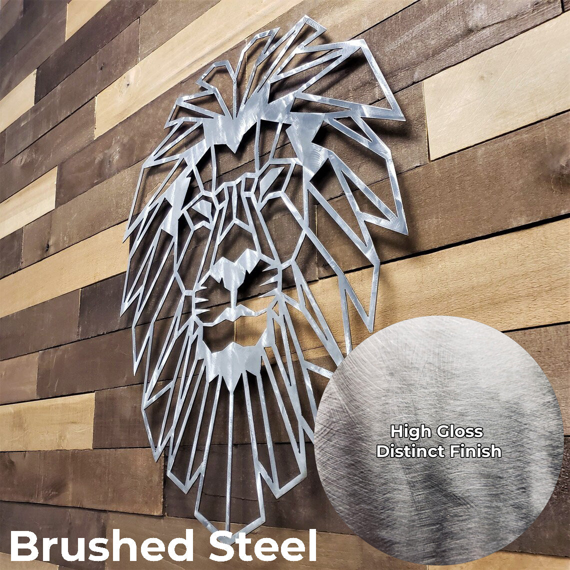 Metal lion head wall art on a wooden wall with 'Brushed Steel' text and gloss sample.