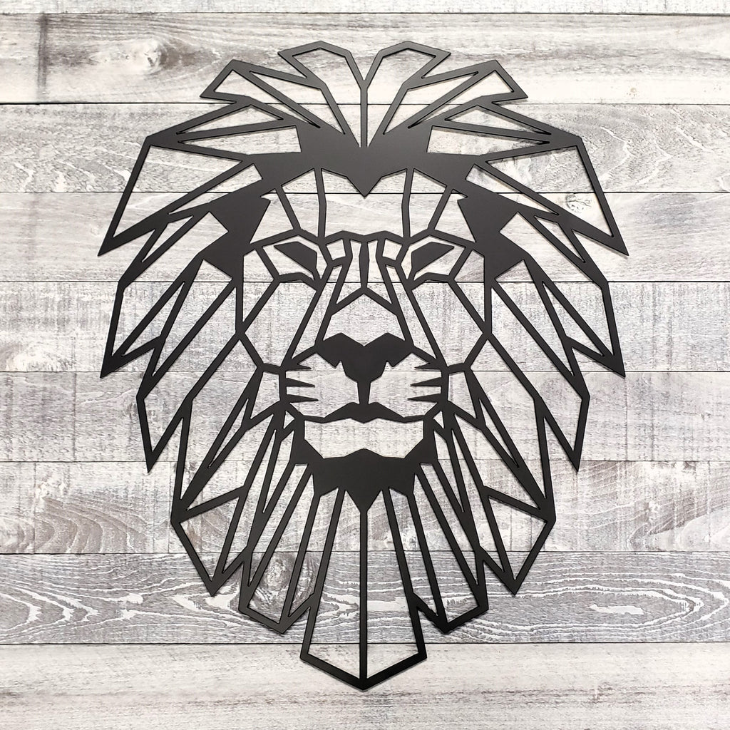 Geometric lion head design on a wooden background
