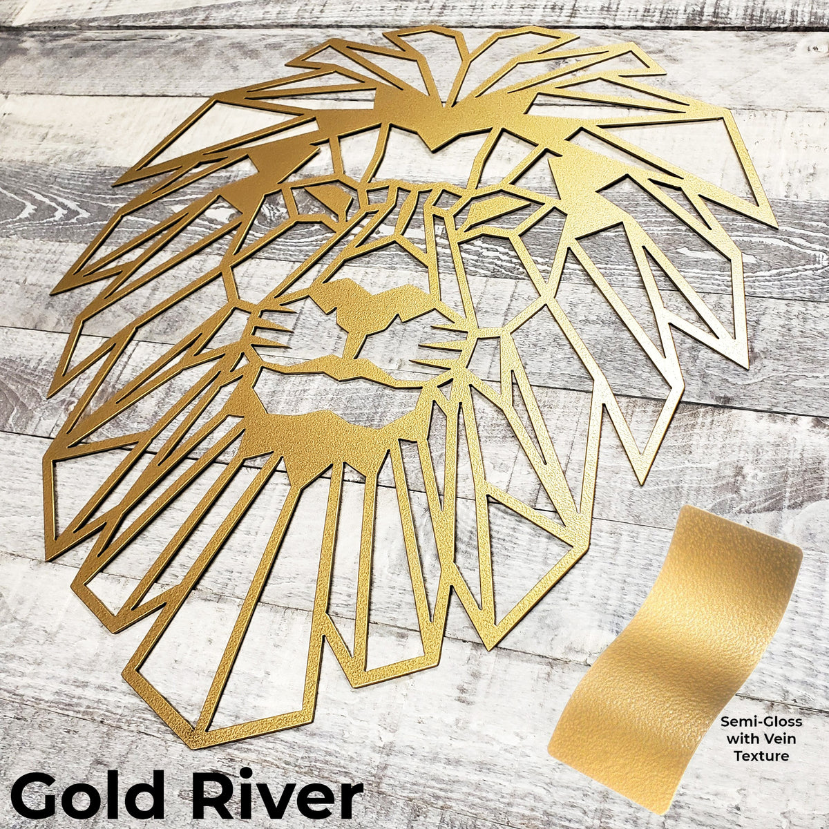Gold lion head design on a wooden surface with 'Gold River' text and sample swatch.