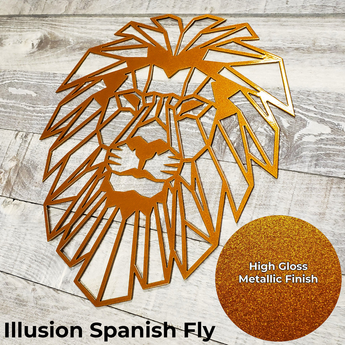 Geometric lion head wall art with high gloss metallic finish on a wooden surface