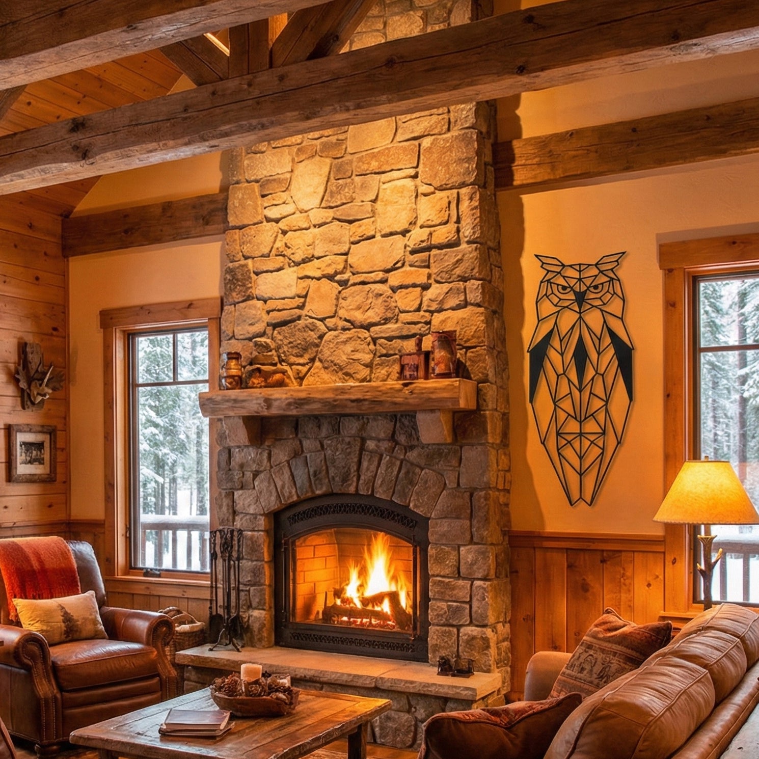 Cozy living room with stone fireplace, wooden beams, and a wall-mounted geometric owl art piece.