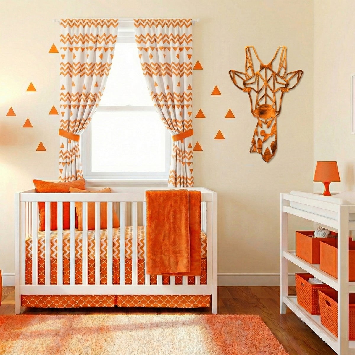Nursery room with orange and white theme, including crib, curtains, and decor.