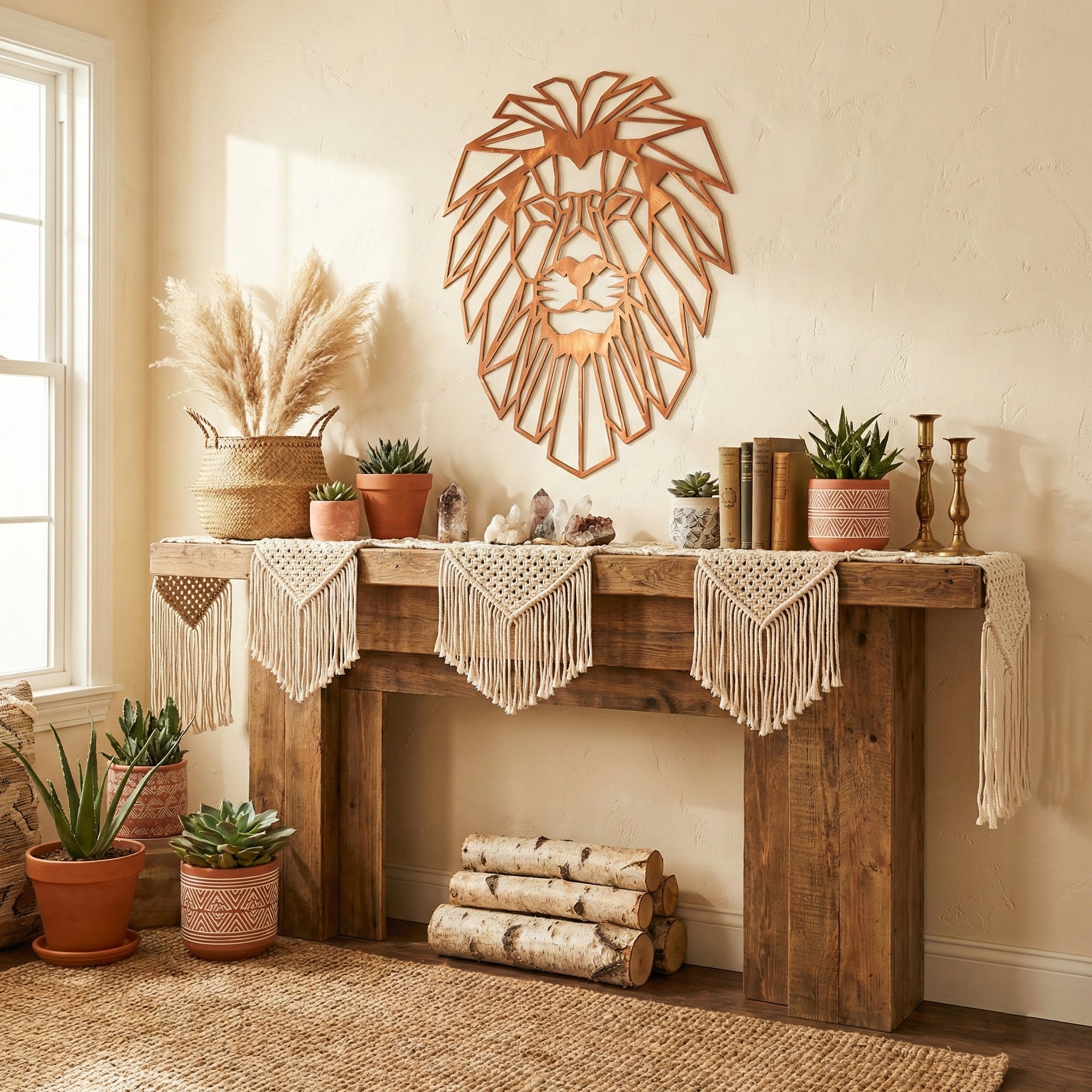 Wooden console table with decorative items and a lion head wall art in a room.