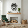 Living room with a fireplace, decorative lion wall art, and a chair with a green cushion.
