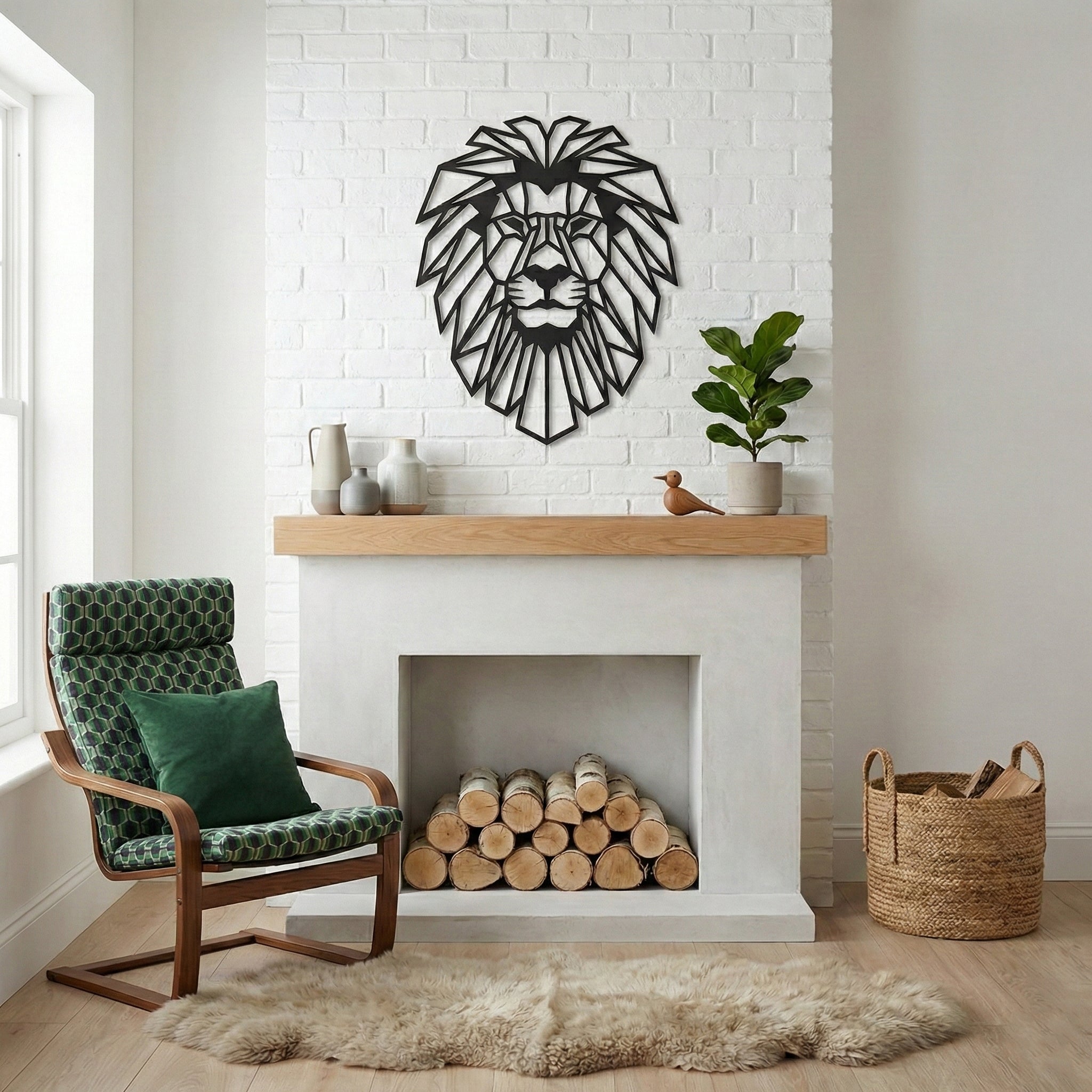 Living room with a fireplace, decorative lion wall art, and a chair with a green cushion.