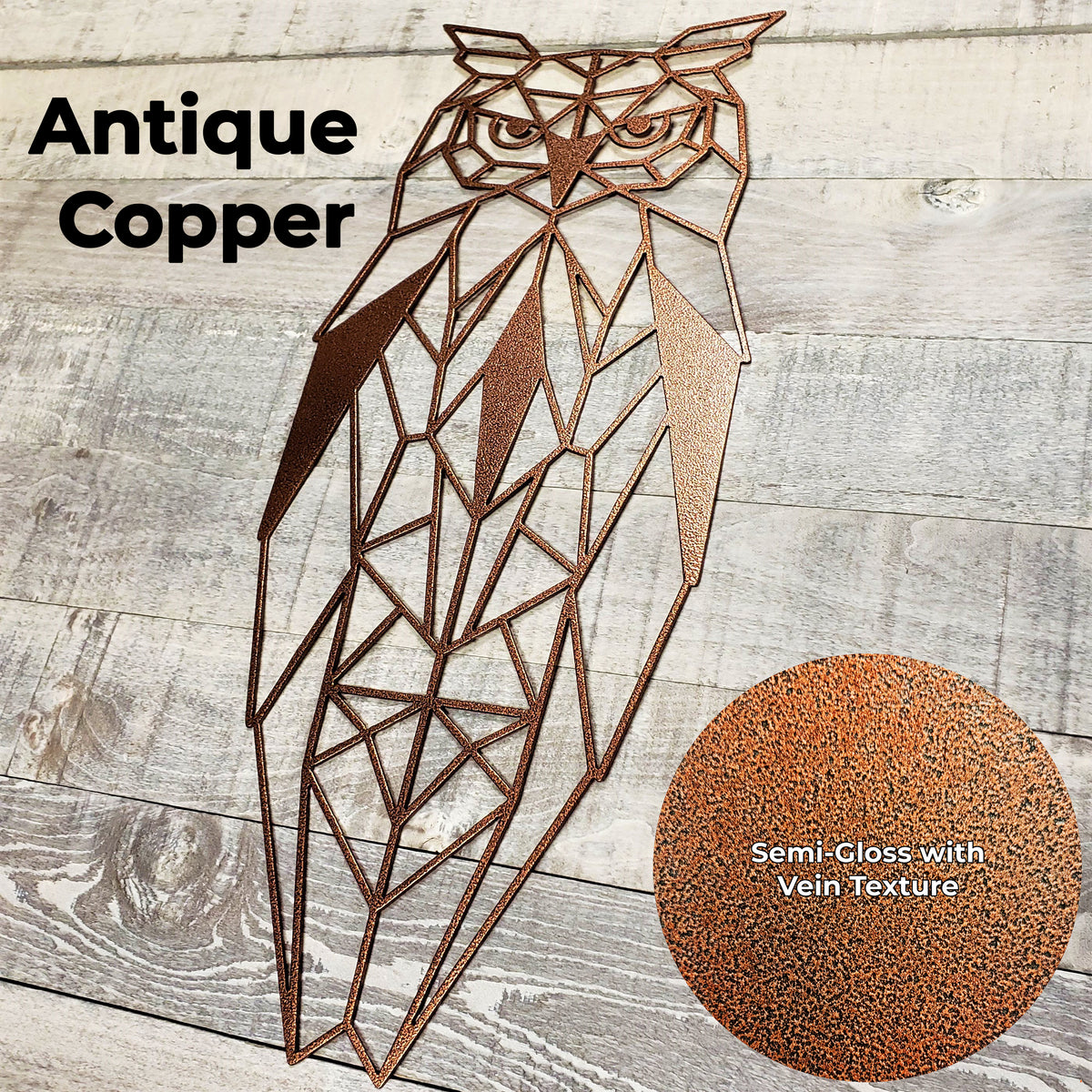 antique copper geometric owl metal wall art on a wooden background with a close-up of the color finish