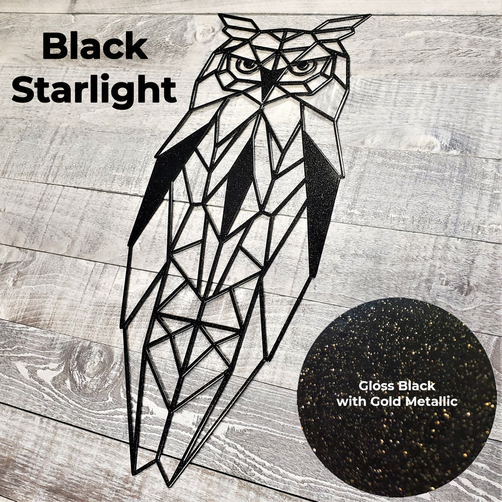 black geometric owl metal wall art on a wooden background with a close-up of the gloss black with gold metallic finish