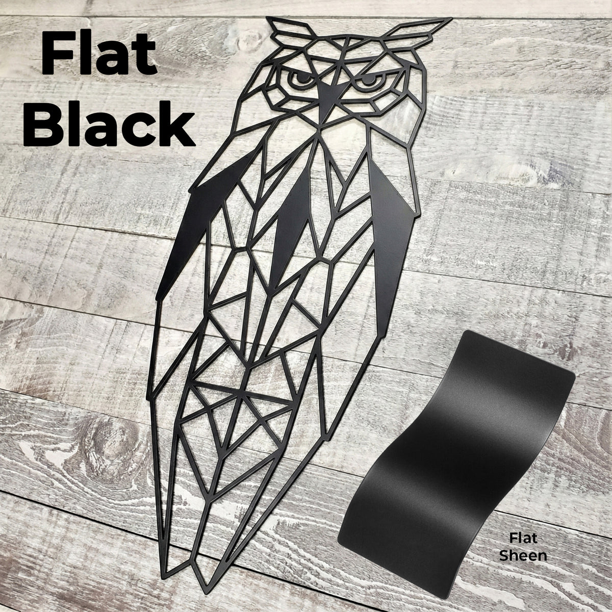 Black geometric owl metal wall art on a wooden background with Flat Black color panel