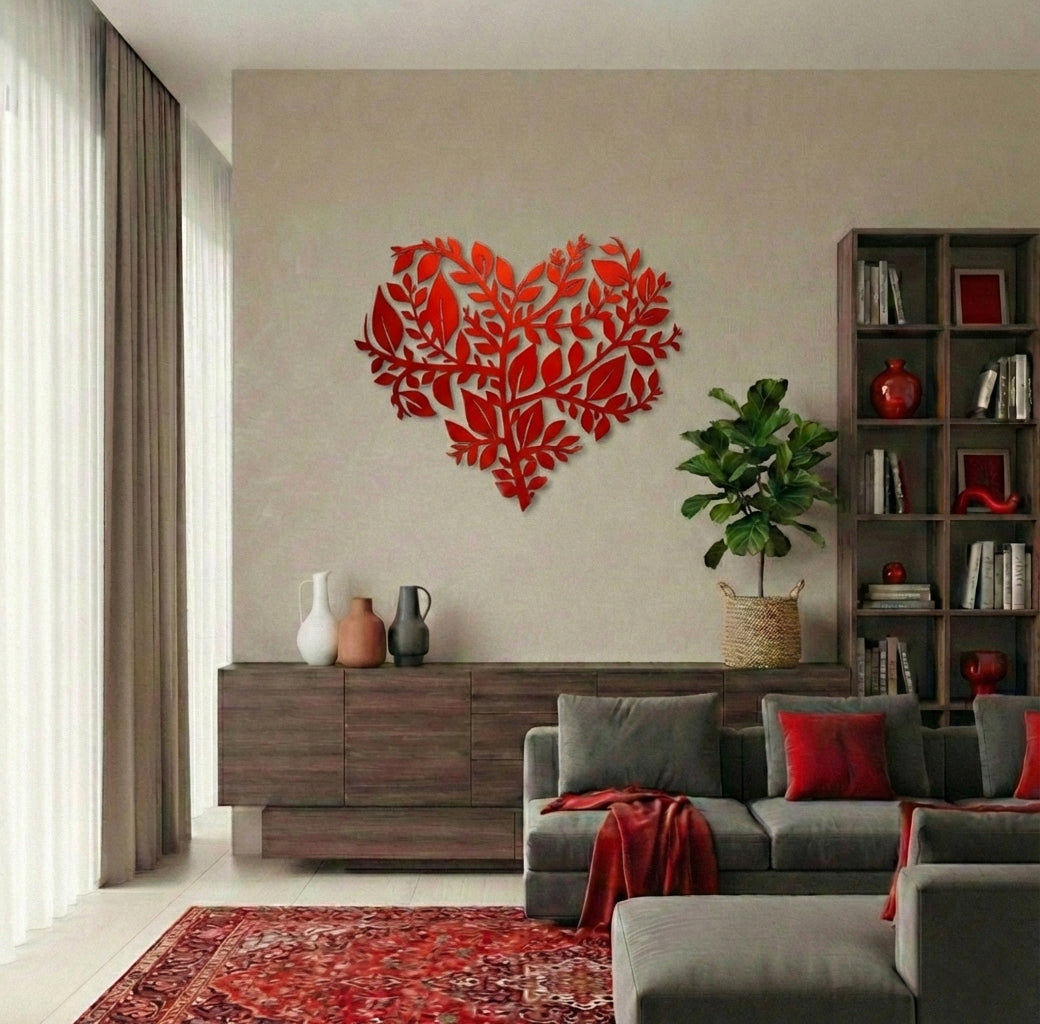 Modern living room with a red heart-shaped wall decoration, gray sofa, and wooden cabinet.