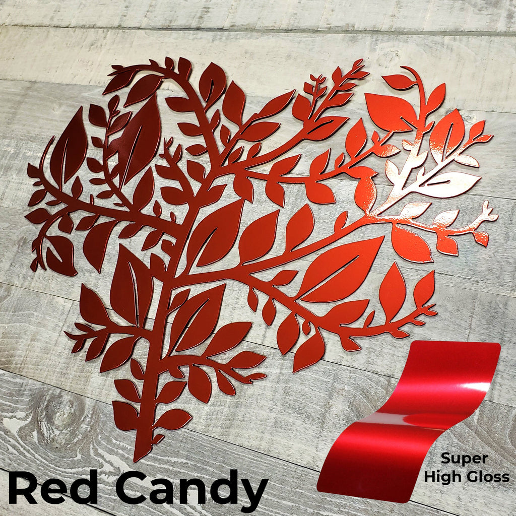 Metallic red leaf design on a wooden surface with 'Red Candy' and 'Super High Gloss' text.