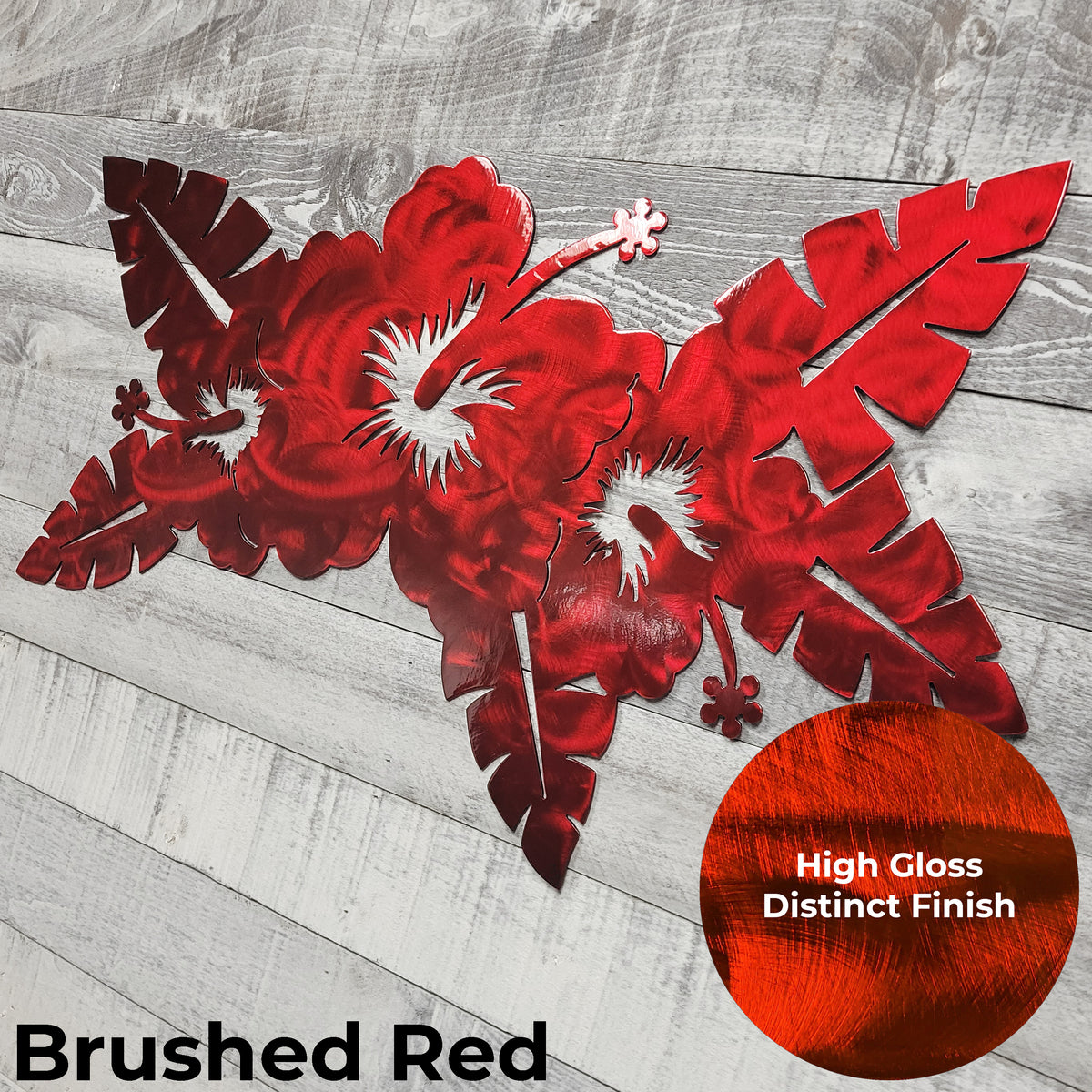 Red floral design on a wooden surface with 'Brushed Red' label and close-up of finish.