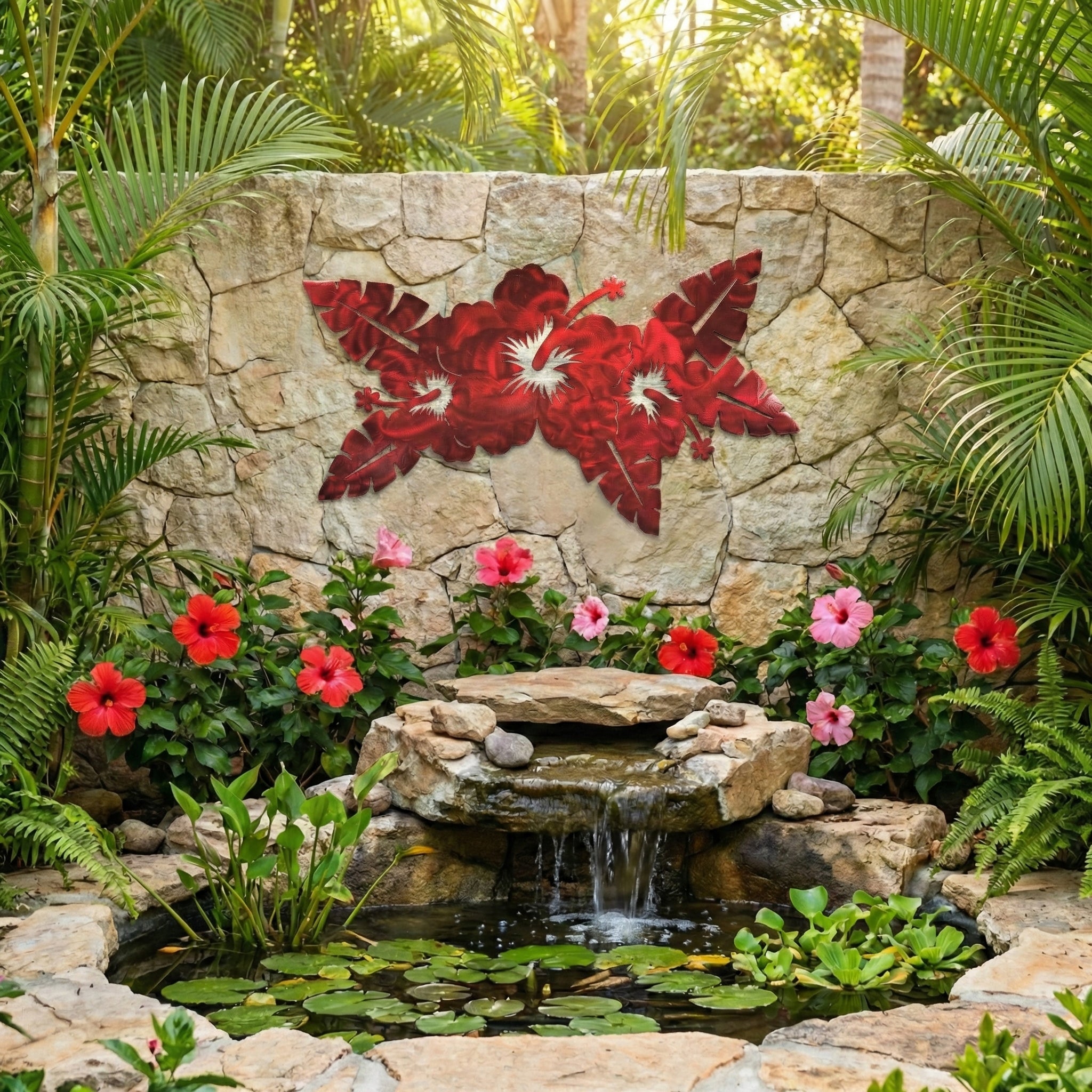 Pond with stone waterfall and decorative red flowers in a garden setting with a hibiscus metal wall art on a stone wall
