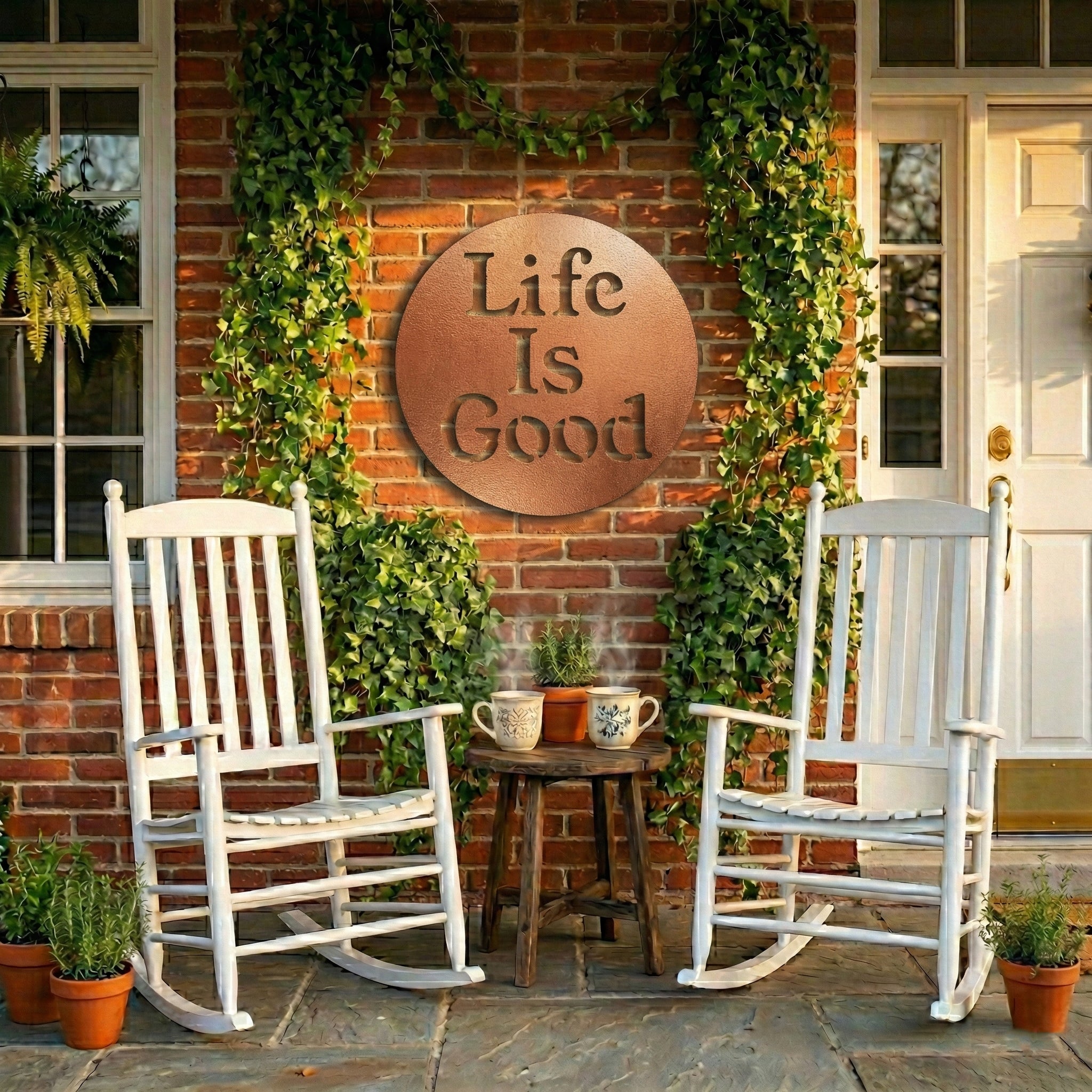 Two white rocking chairs on a patio with a 'Life Is Good' sign on a brick wall.