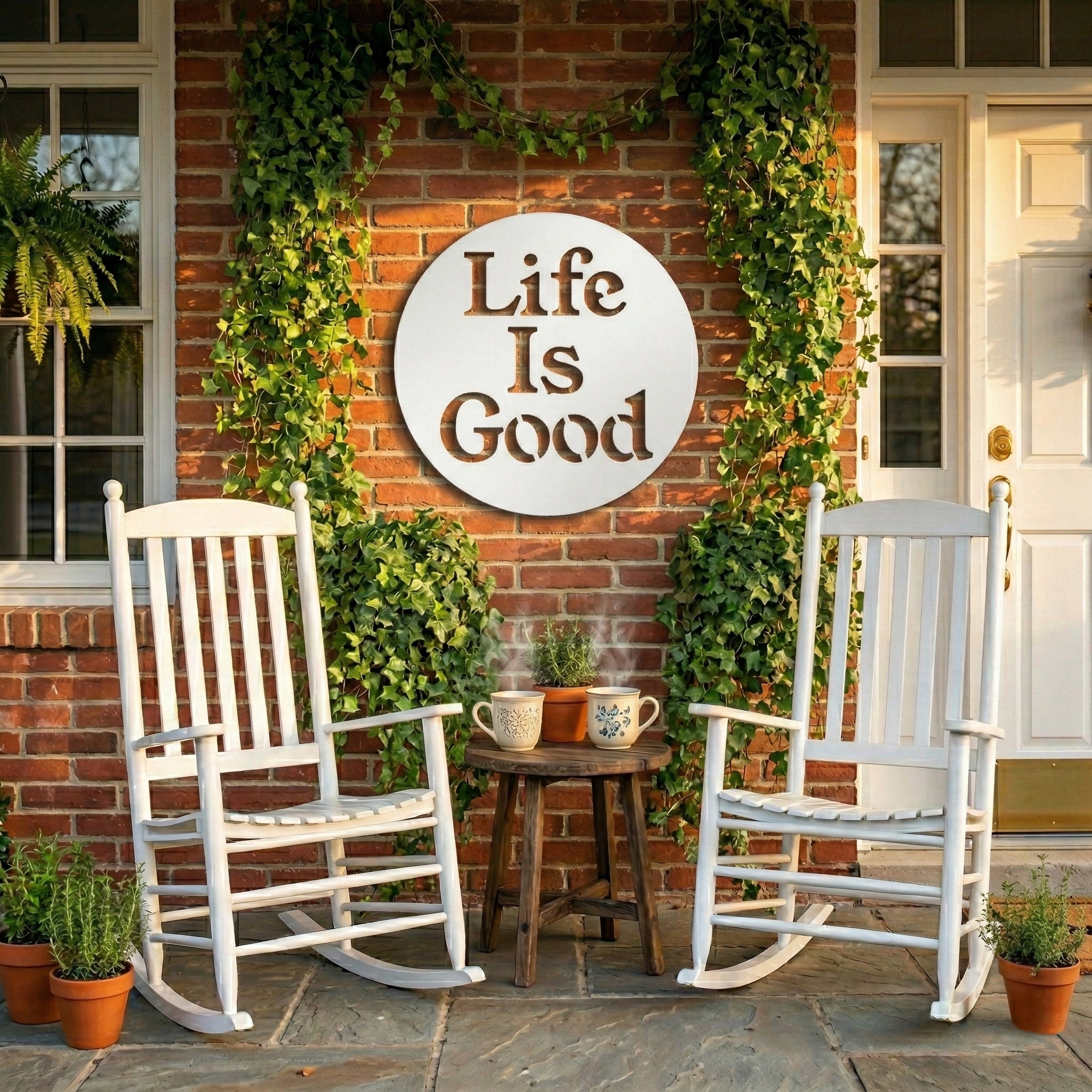 Two white rocking chairs on a stone porch with a 'Life Is Good' sign on a brick wall.