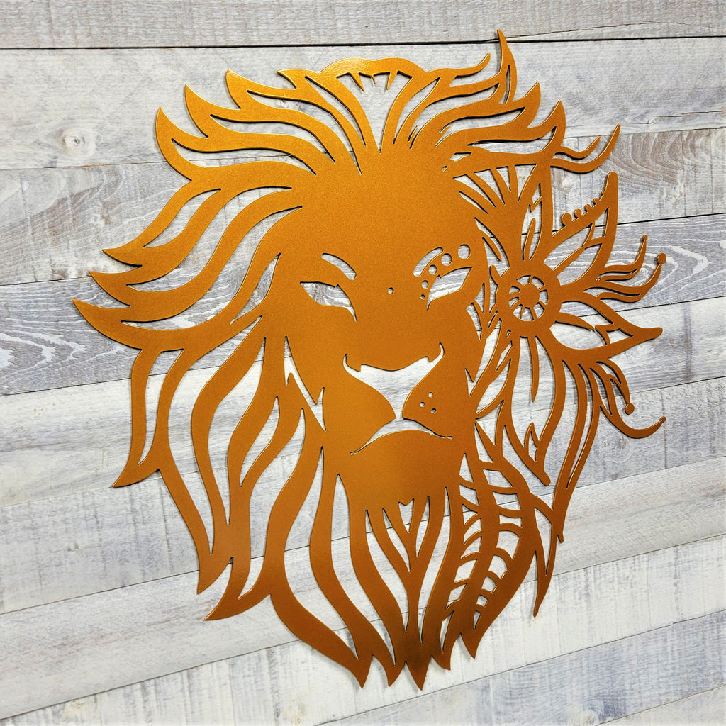 decorative lion silhouette with mandala design on a wooden background