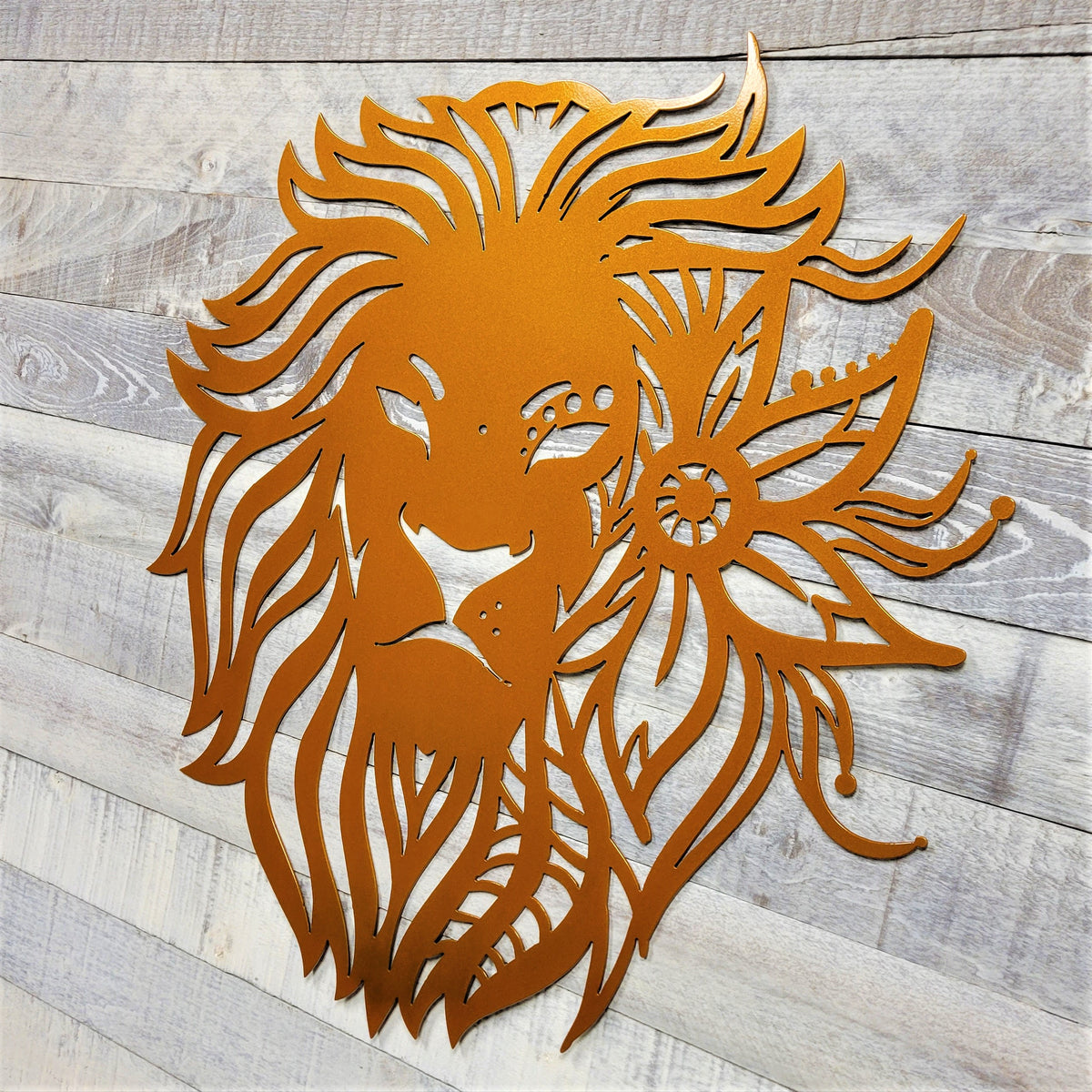 decorative lion wall art with mandala flourishes on wooden background