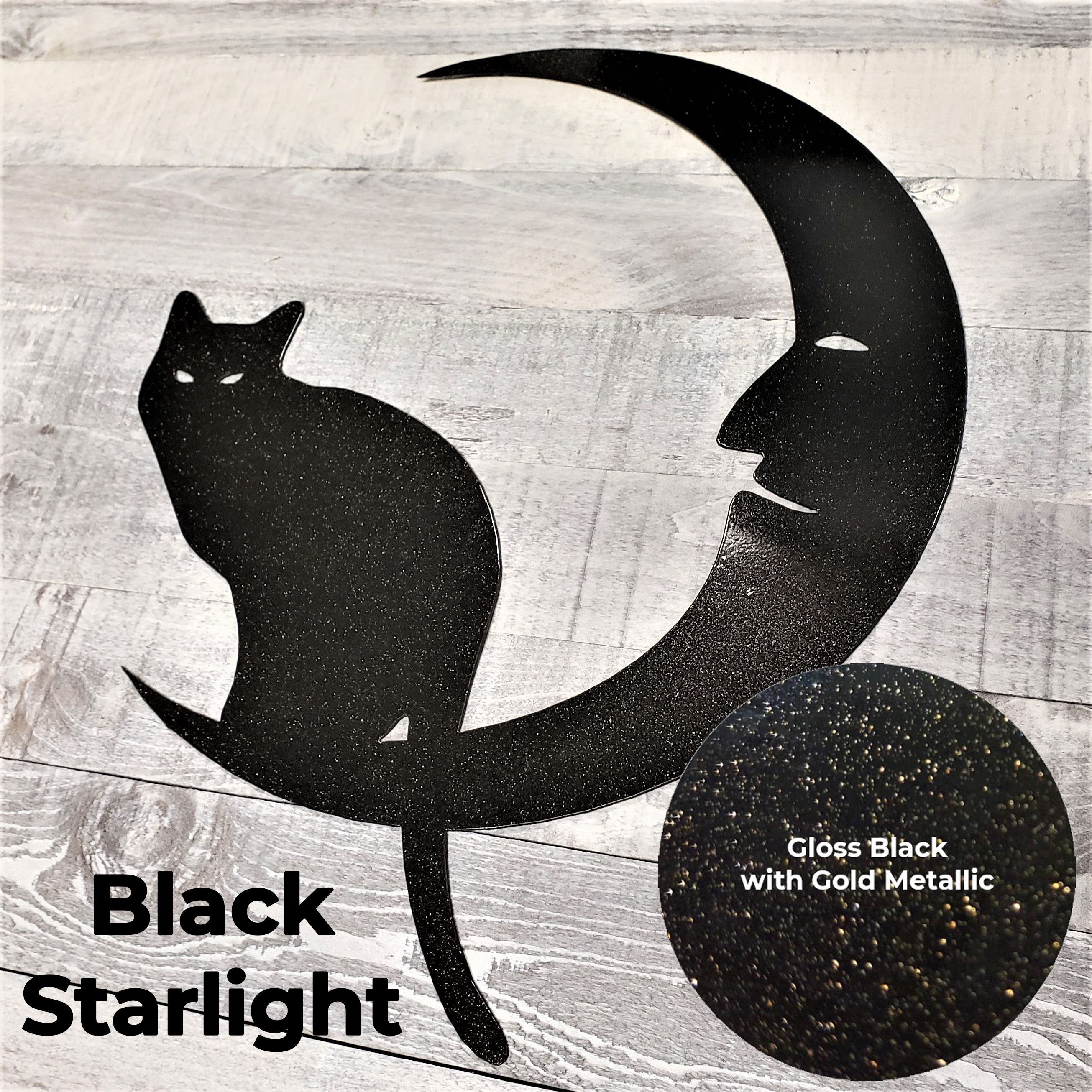 Black cat on a crescent moon metal wall art with a close-up of the Black Starlight color finish on a wooden background