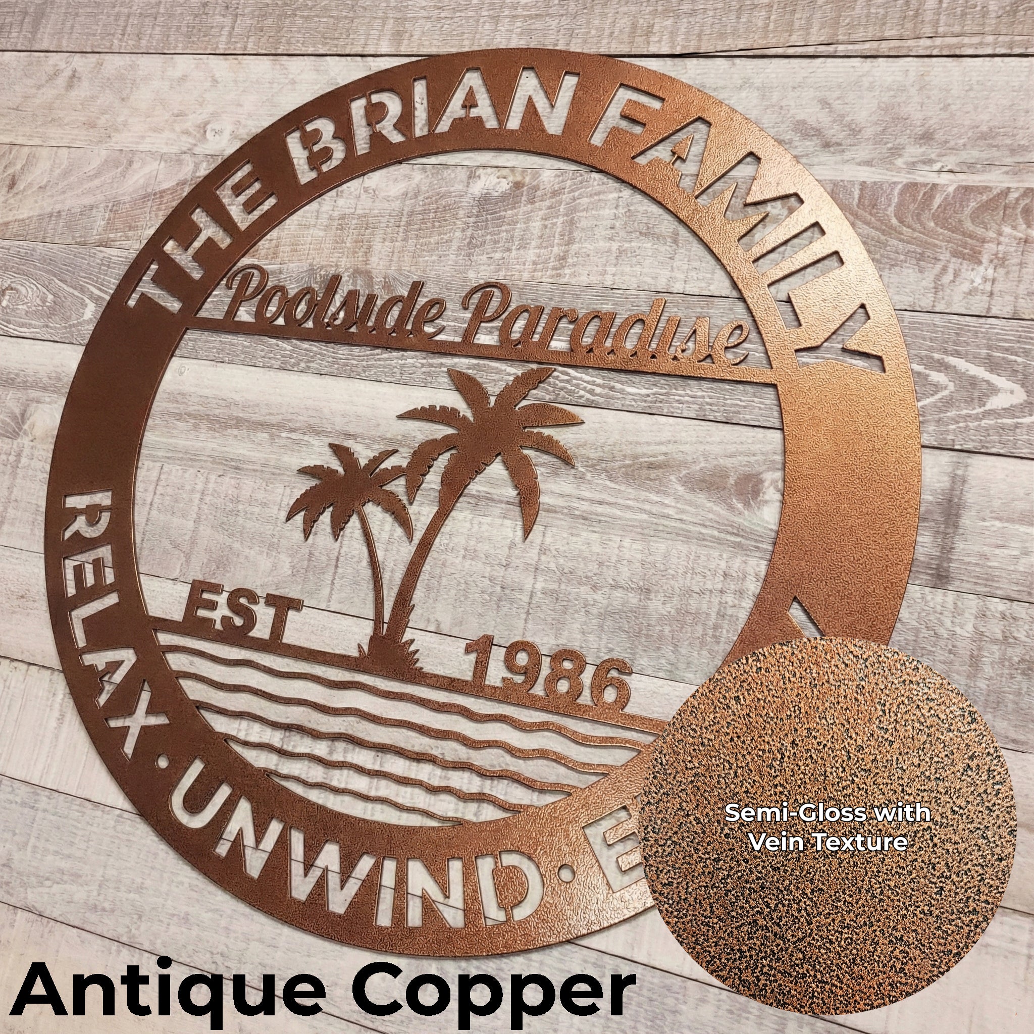 Decorative metal sign for family pool area on a wooden background