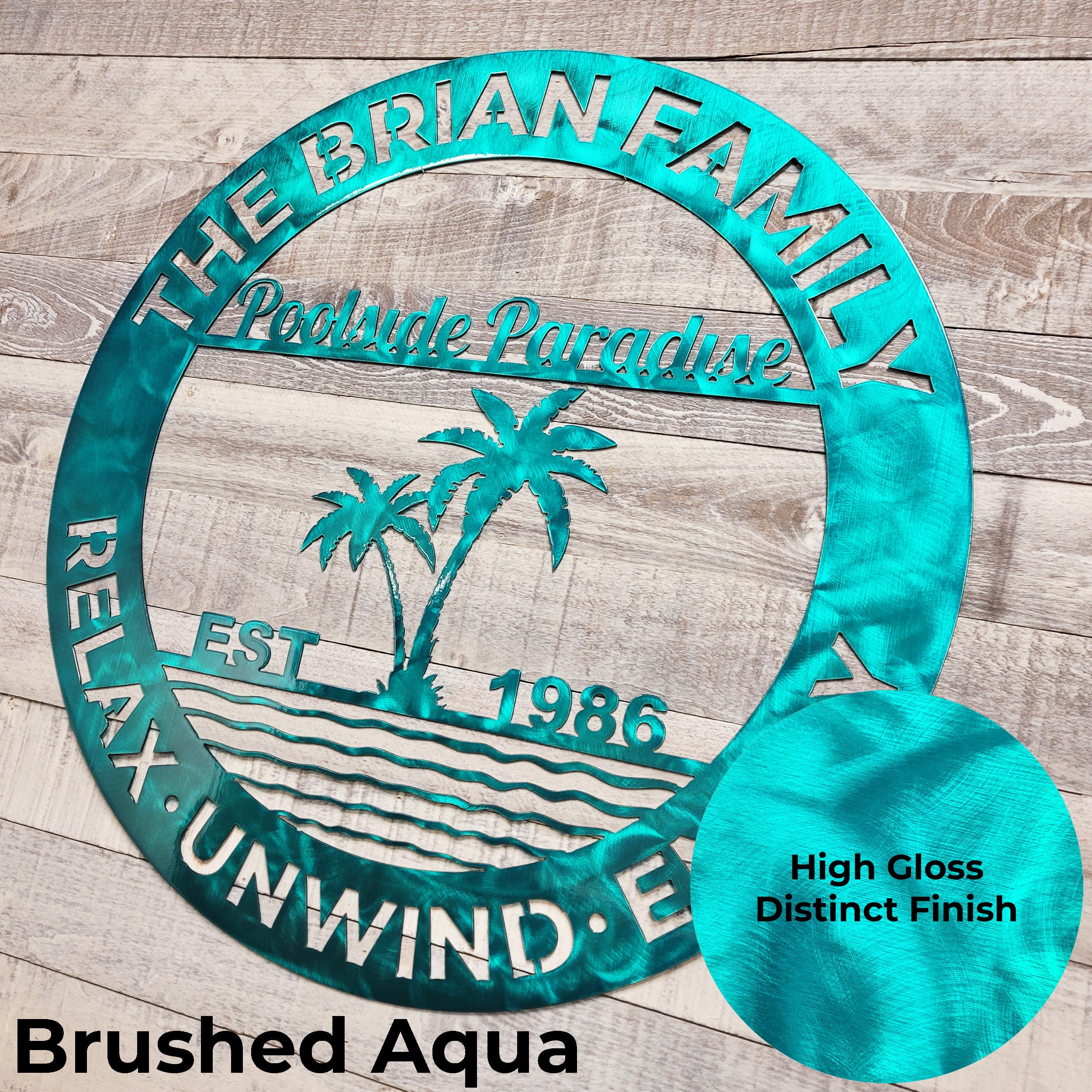 Metal wall art poolside paradise design on a wooden background