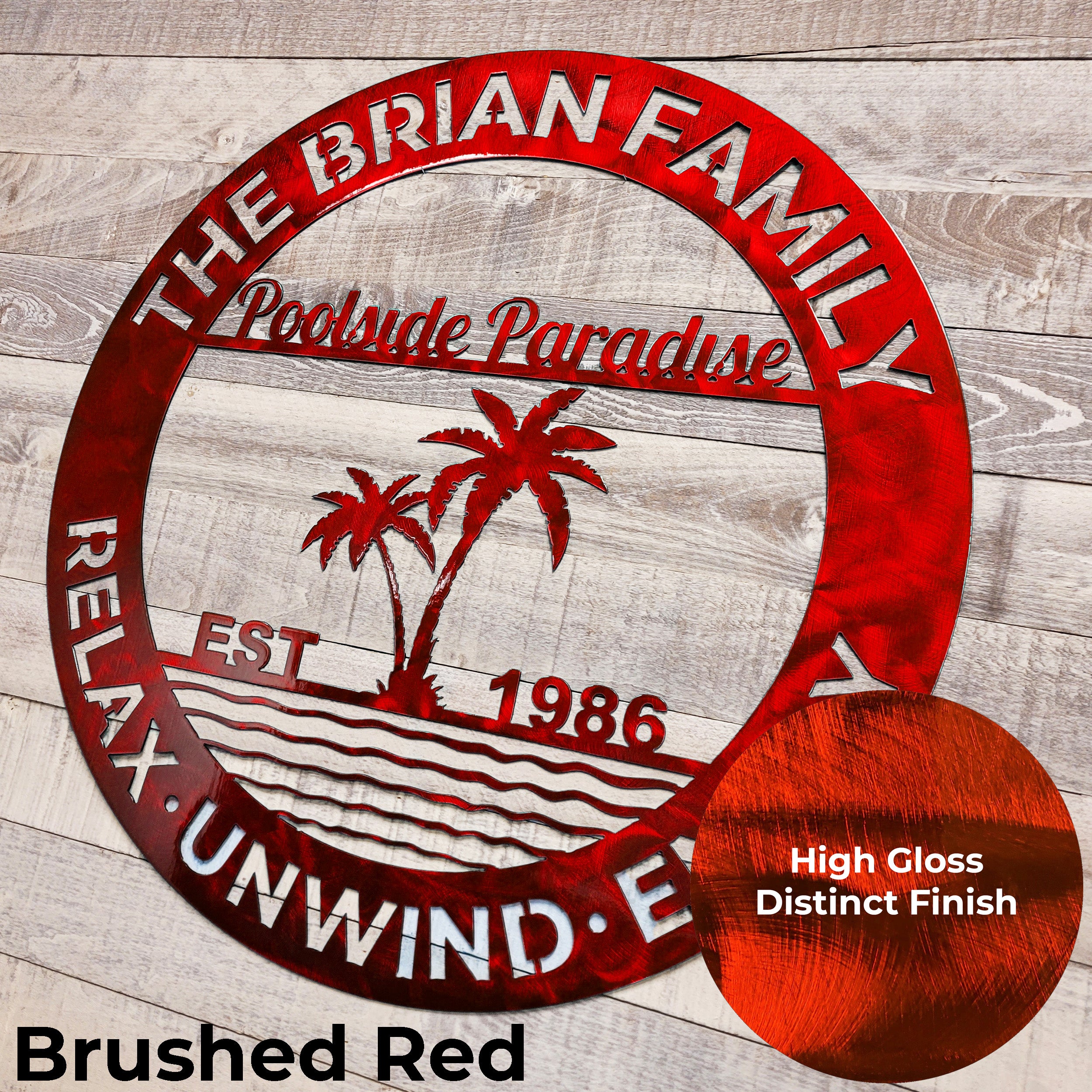 Decorative metal sign for a pool patio design on a wooden background