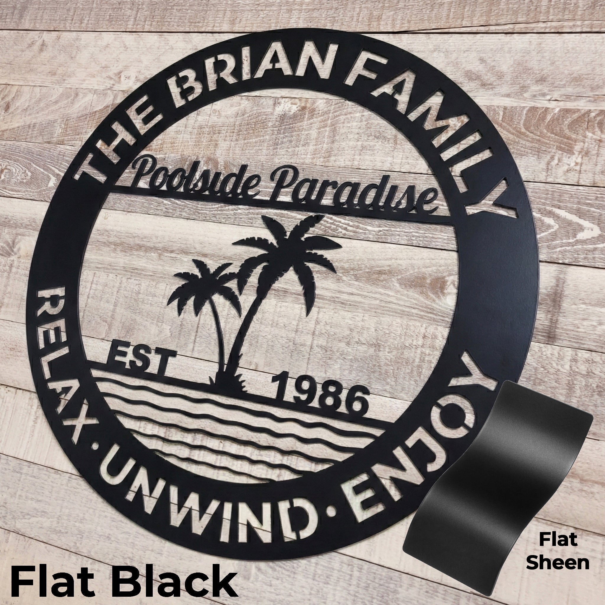 Decorative metal wall art for a poolside patio on a wooden background