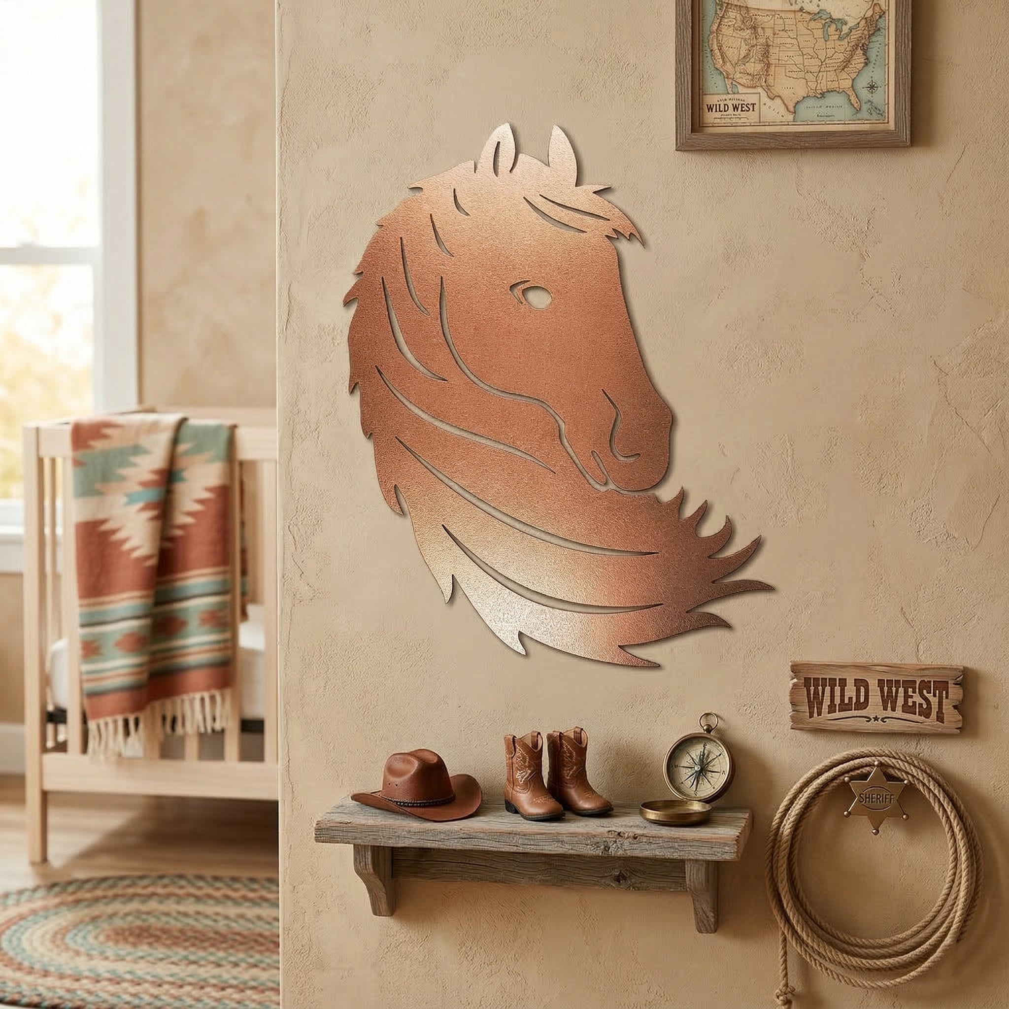 Wooden horse head wall art in a room with rustic decor elements.