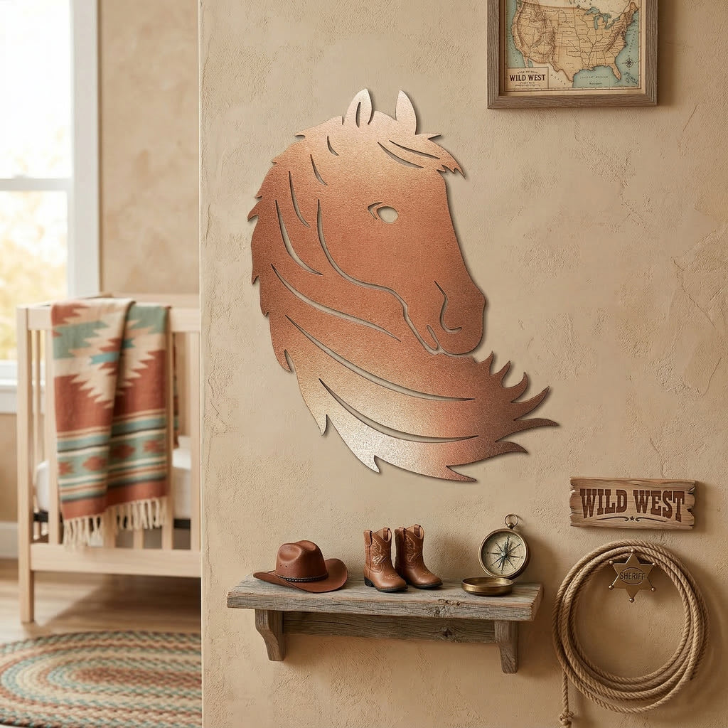 Wooden horse head wall art in a room with rustic decor elements.